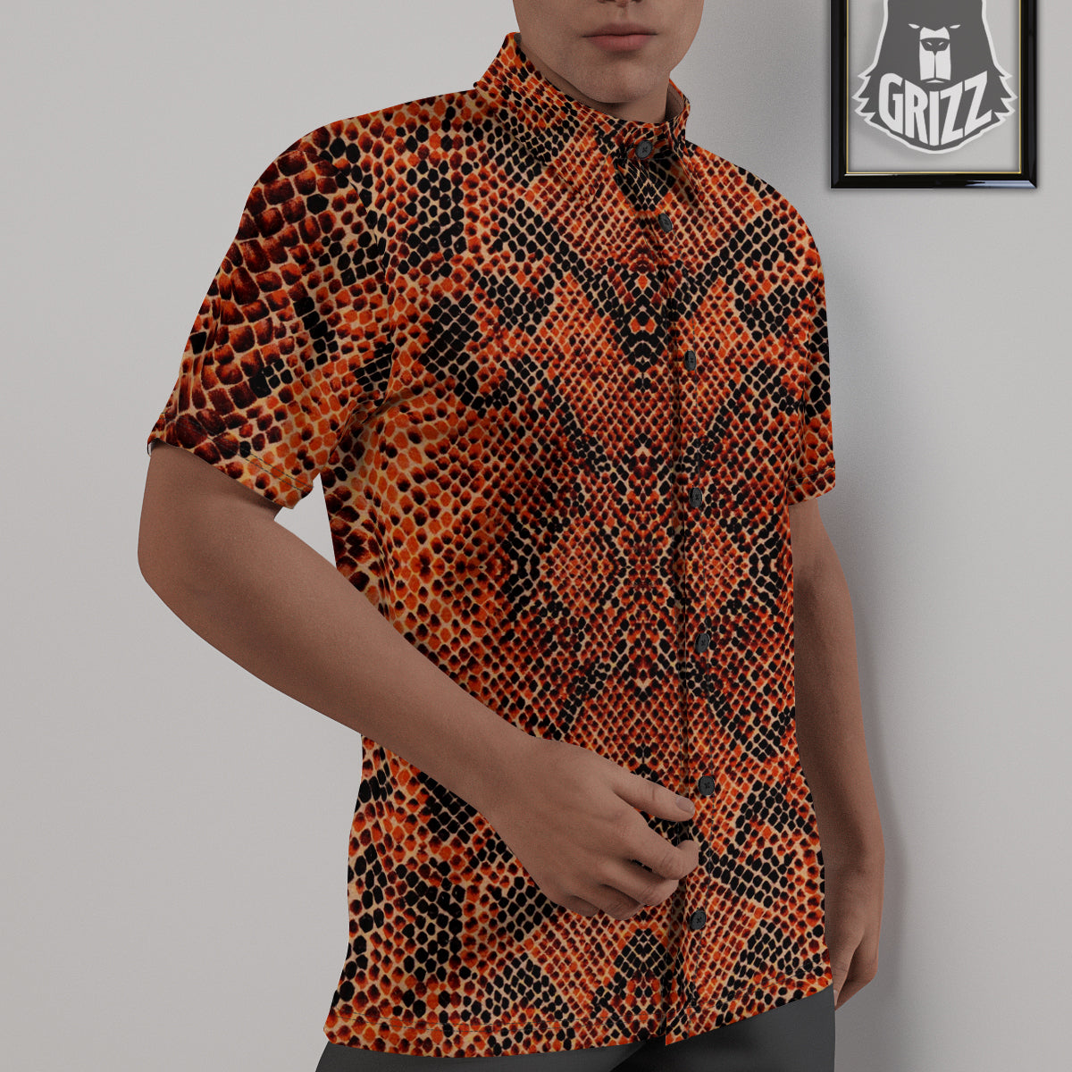 Snake Skin Black Orange Print Untucked Shirts-grizzshop