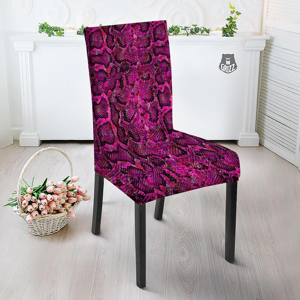 Snake Skin Black Pink Print Dining Chair Slipcover-grizzshop