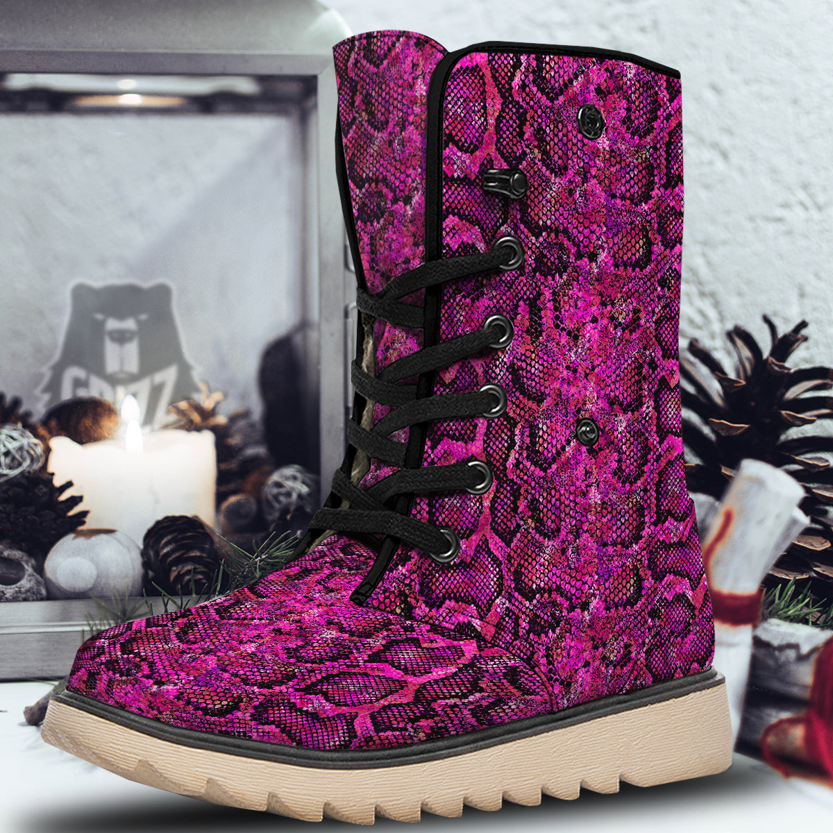 Snake Skin Black Pink Print Snow Boots-grizzshop