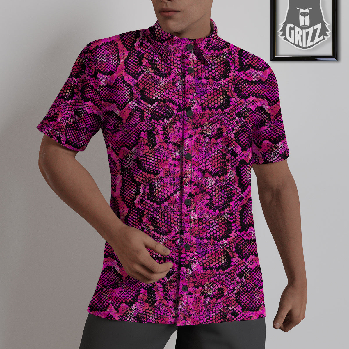 Snake Skin Black Pink Print Untucked Shirts-grizzshop