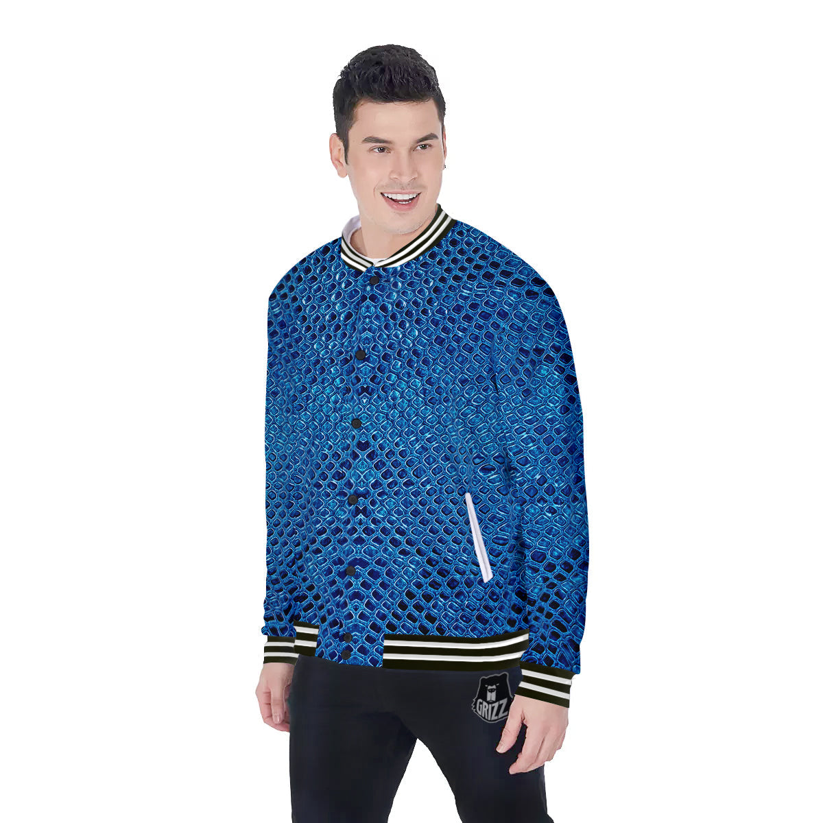Snake Skin Blue Print Baseball Jacket-grizzshop