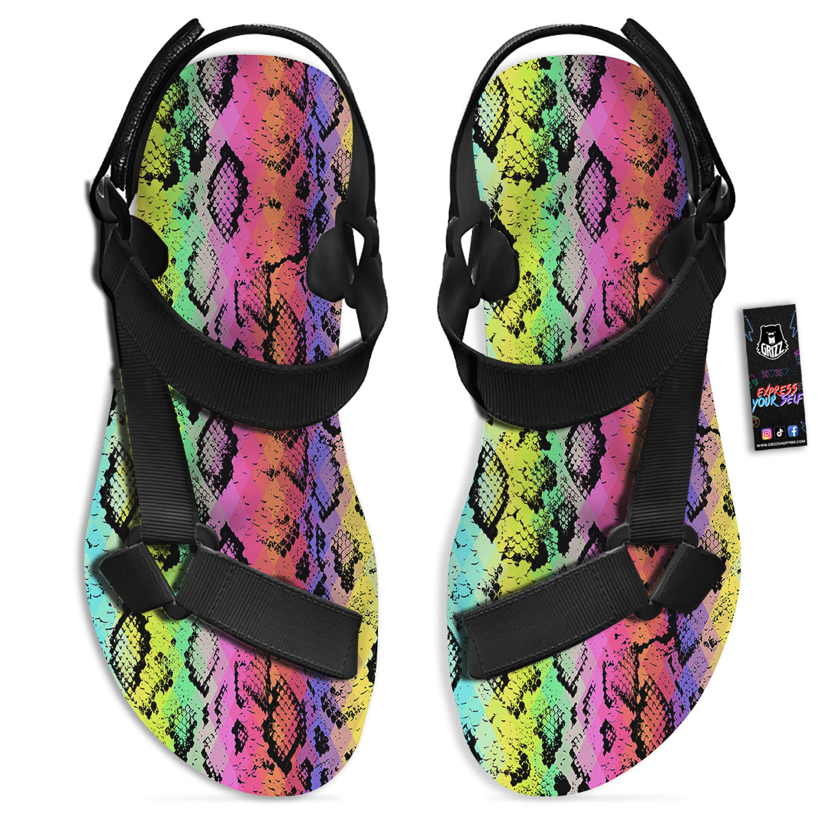 Snake Skin Psychedelic Print Black Open Toe Sandals-grizzshop