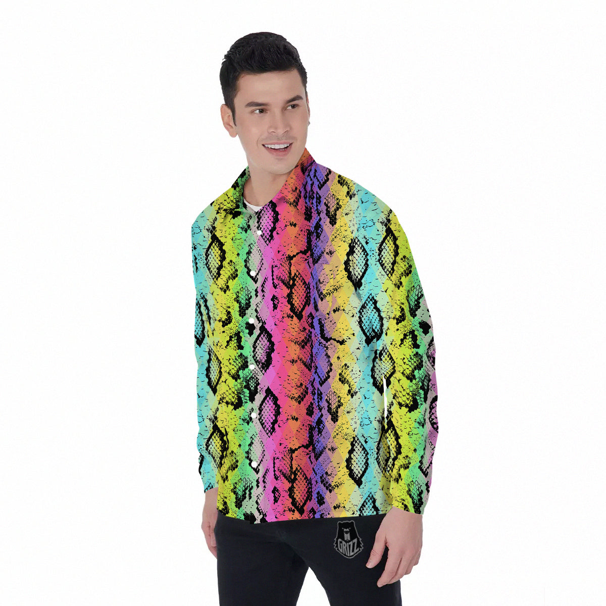 Snake Skin Psychedelic Print Men's Long Sleeve Shirts-grizzshop