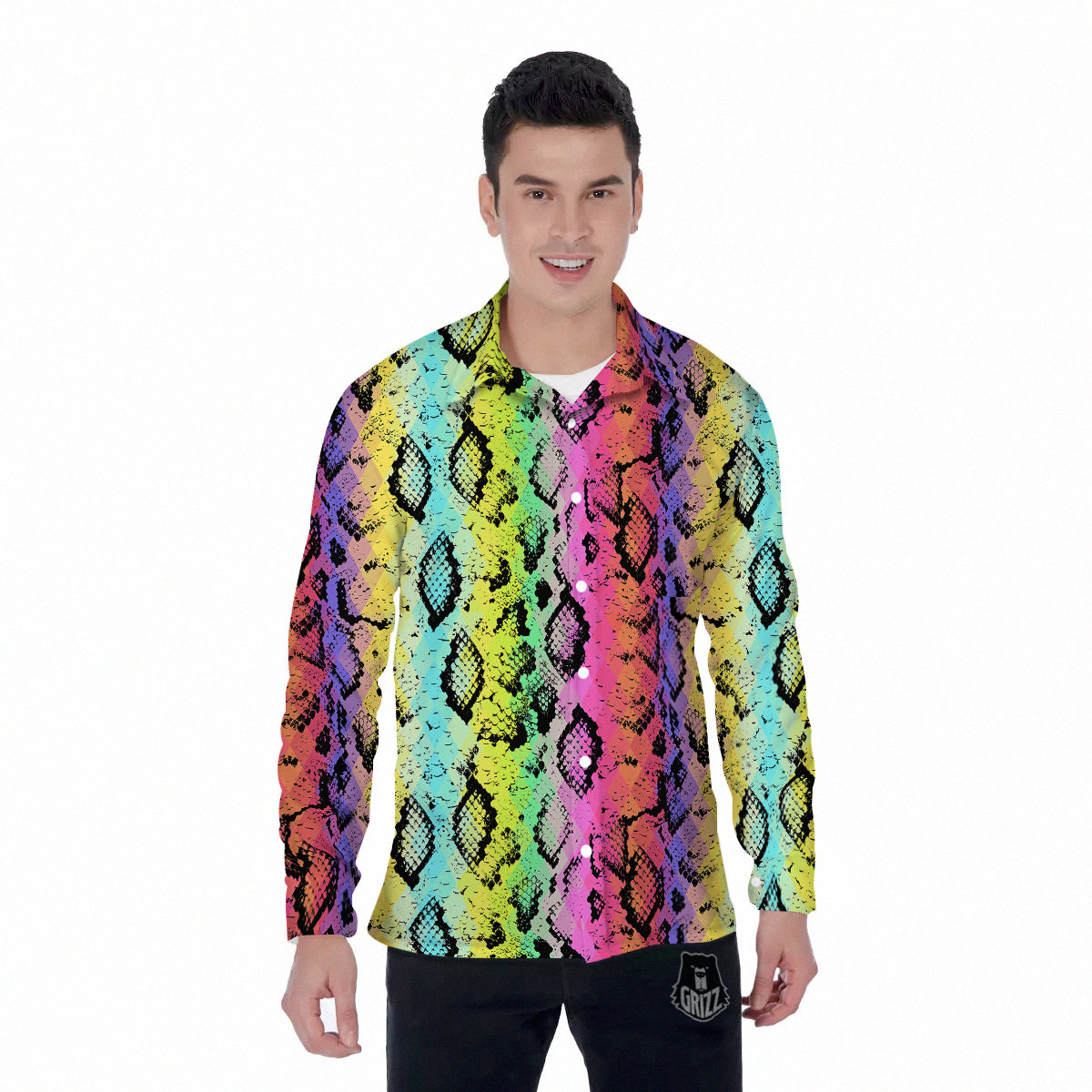 Snake Skin Psychedelic Print Men's Long Sleeve Shirts-grizzshop