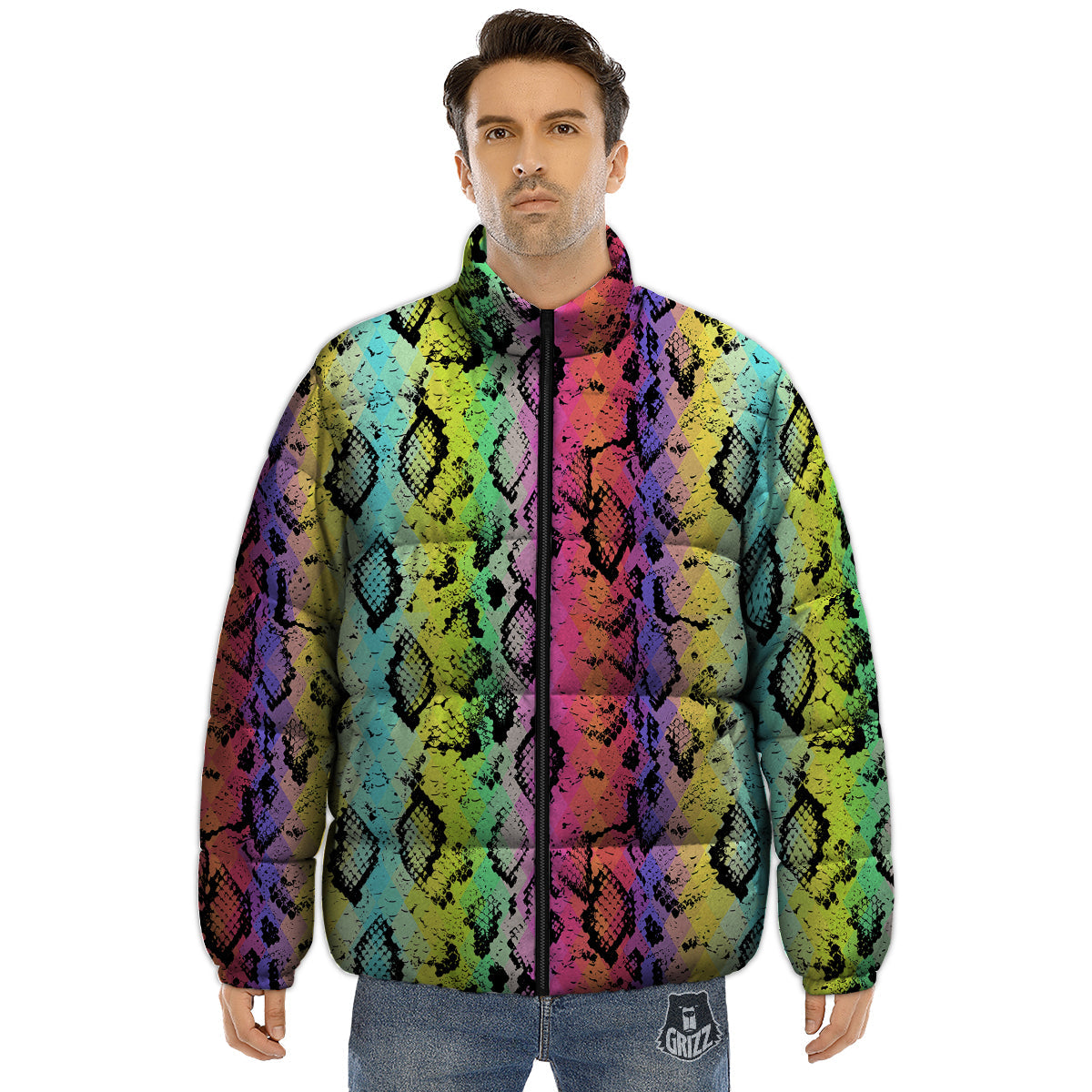 Snake Skin Psychedelic Print Puffer Jacket-grizzshop