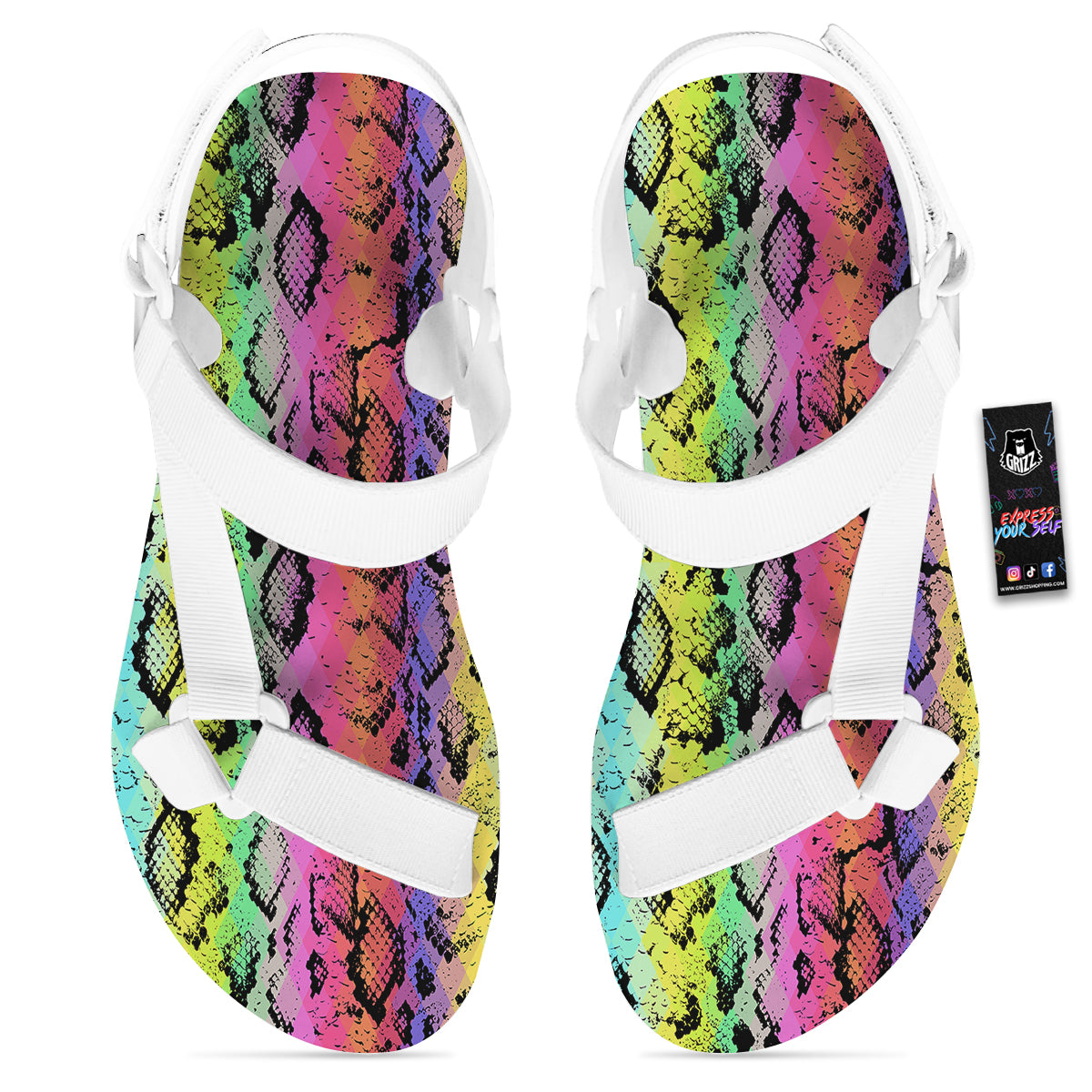 Snake Skin Psychedelic Print White Open Toe Sandals-grizzshop