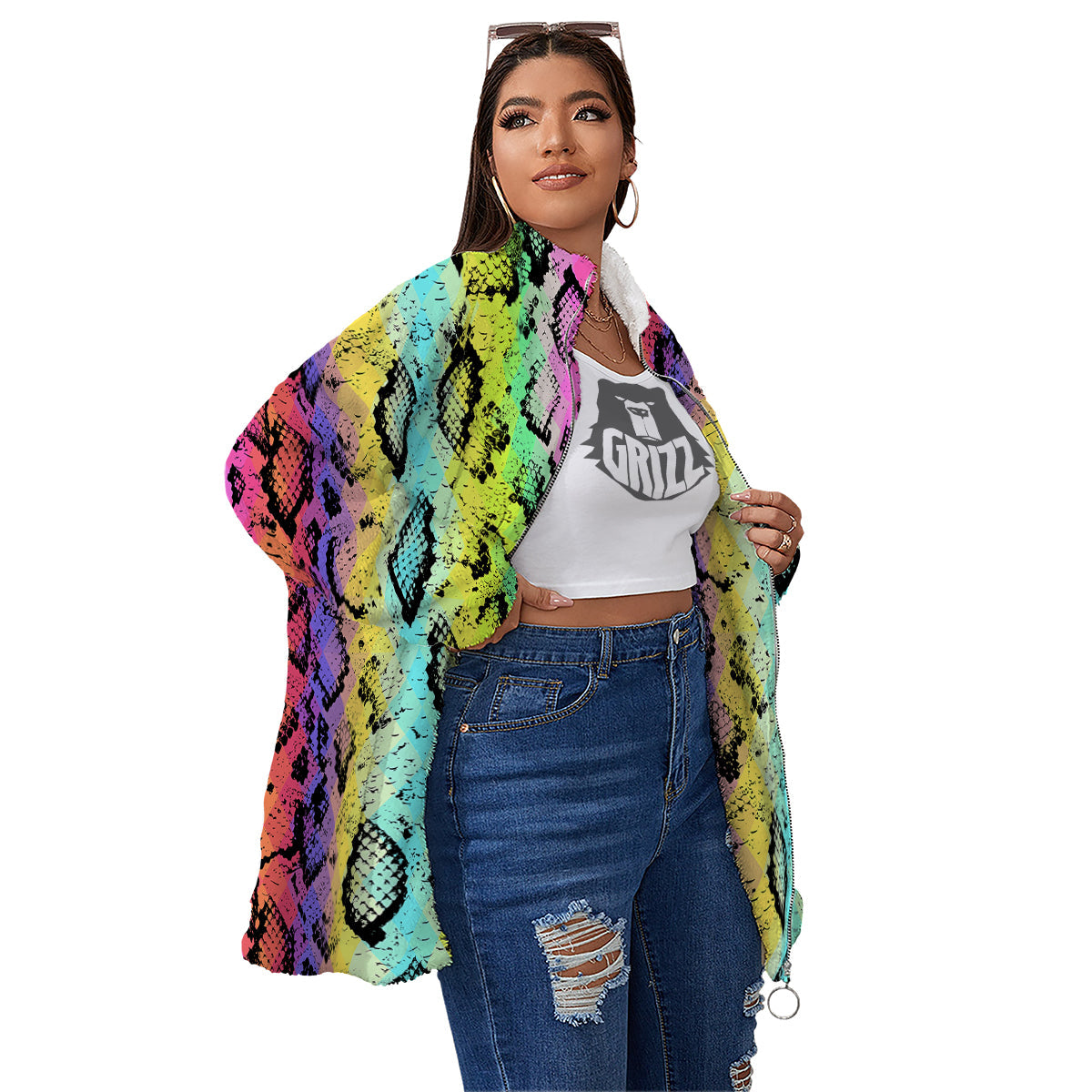 Snake Skin Psychedelic Print Women's Sherpa Jacket-grizzshop