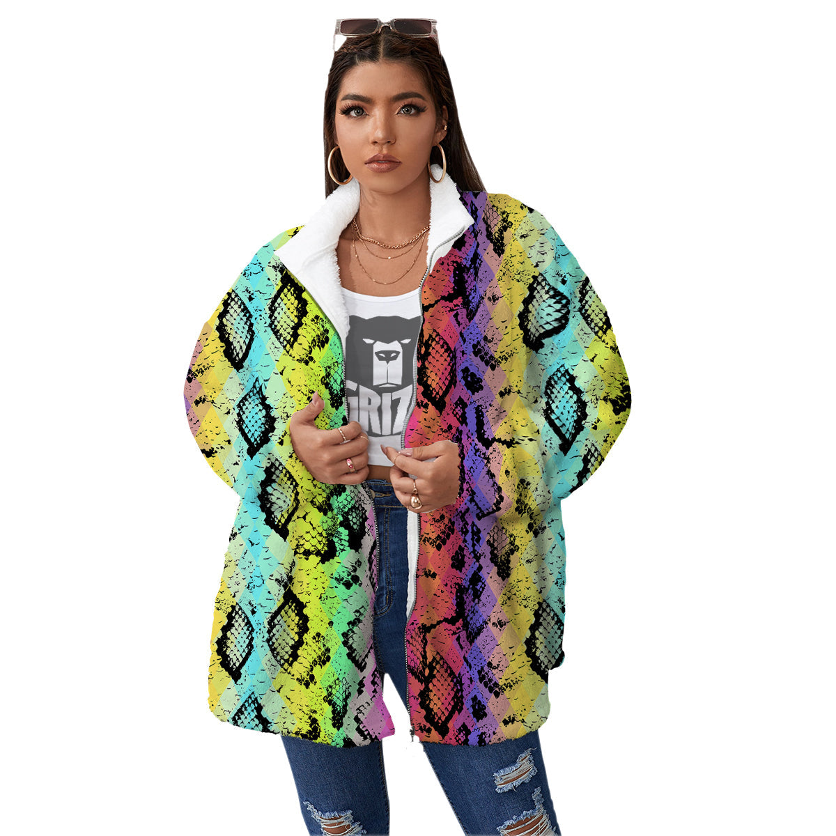 Snake Skin Psychedelic Print Women's Sherpa Jacket-grizzshop