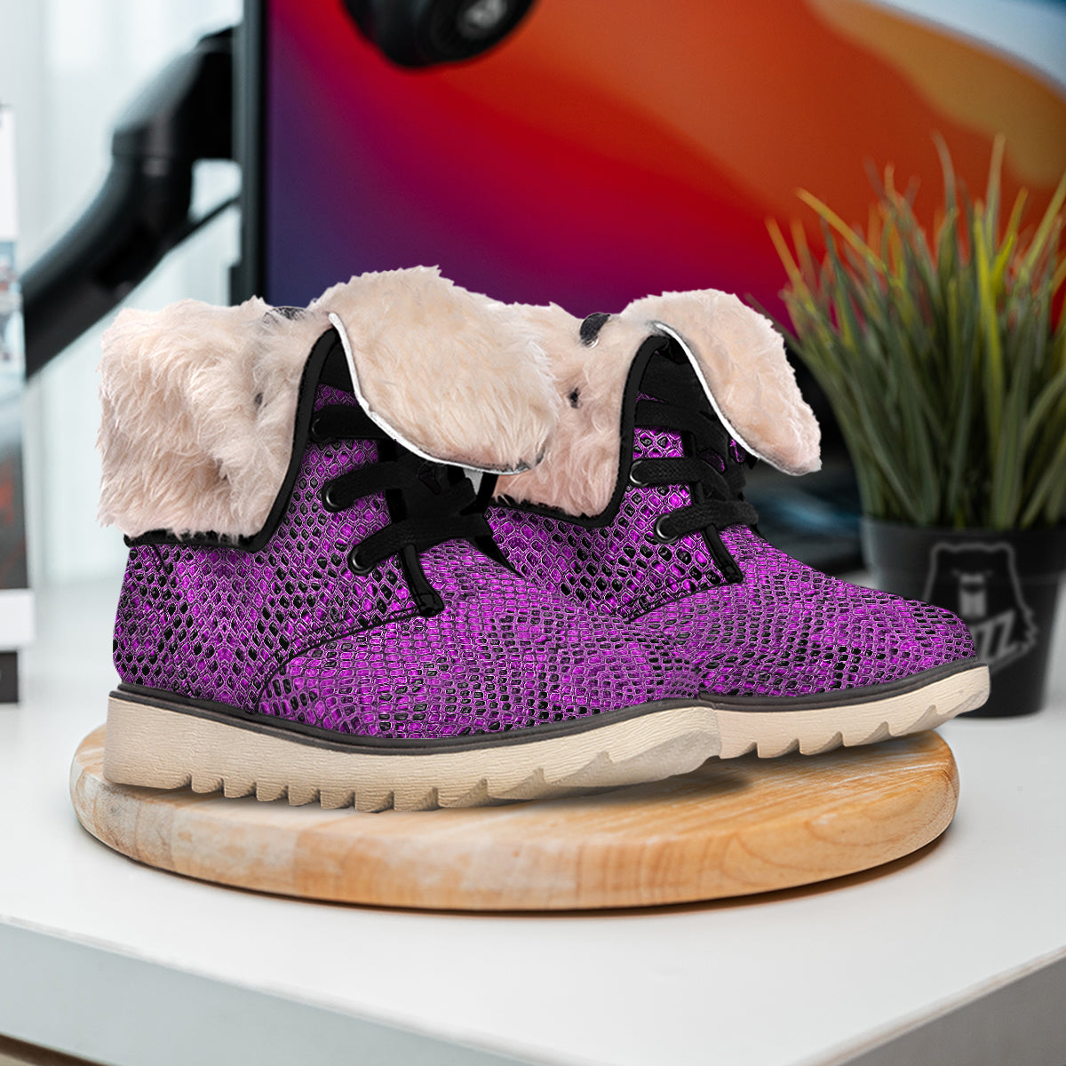 Snake Skin Purple Print Snow Boots-grizzshop