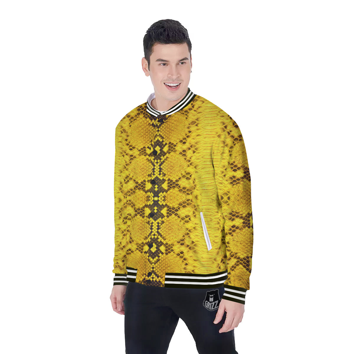 Snake Skin Yellow Print Baseball Jacket-grizzshop