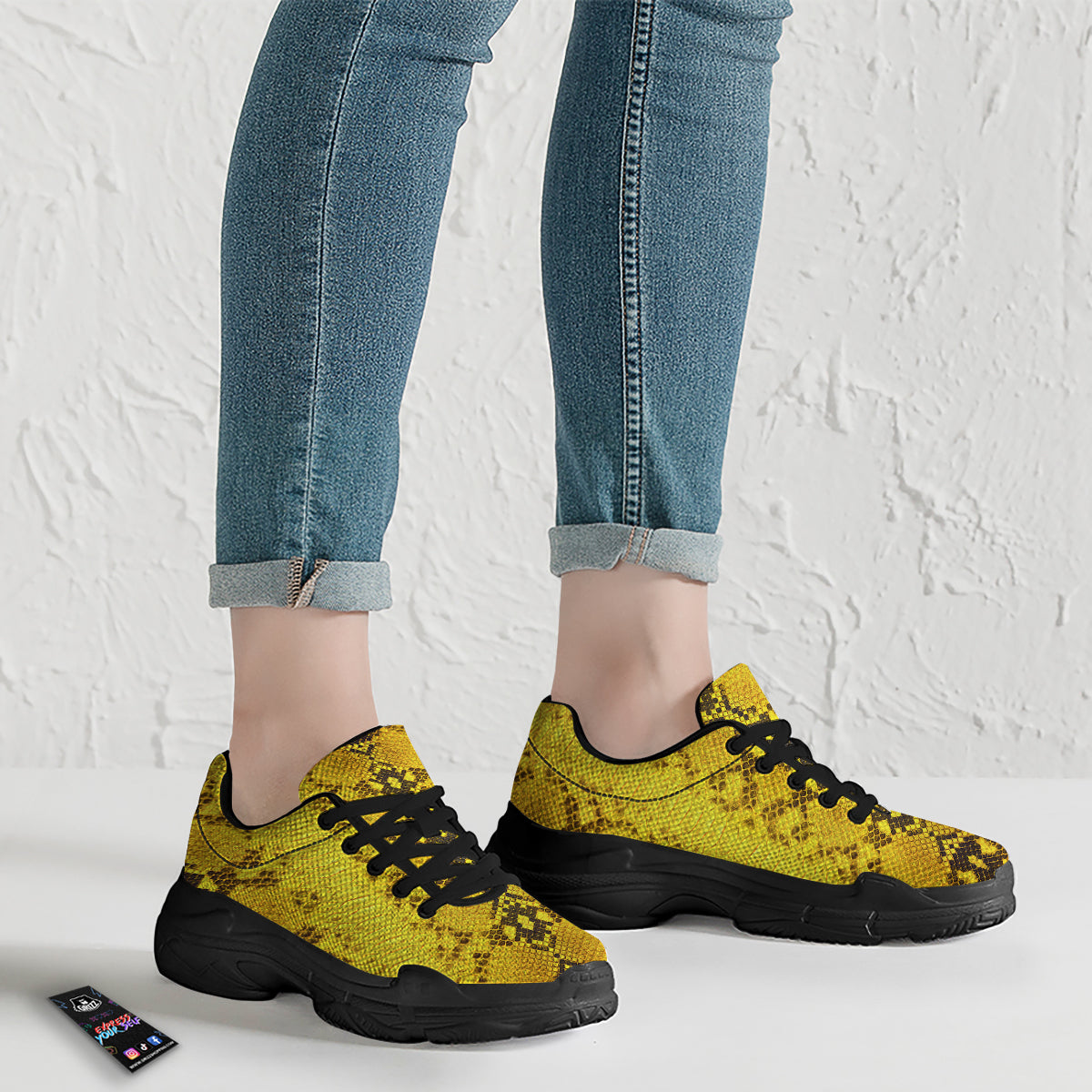 Snake Skin Yellow Print Black Chunky Shoes-grizzshop