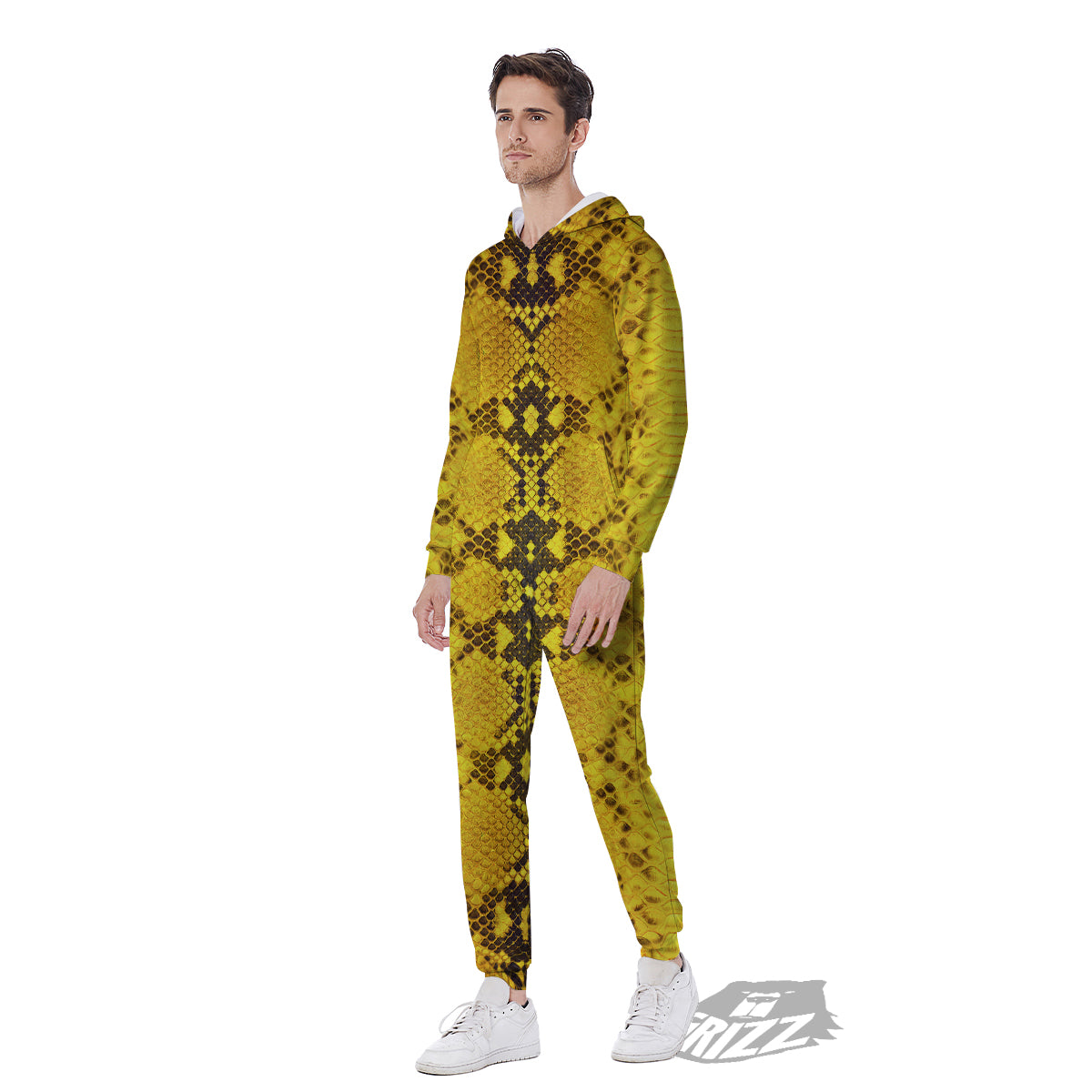 Snake Skin Yellow Print Men's Jumpsuit-grizzshop