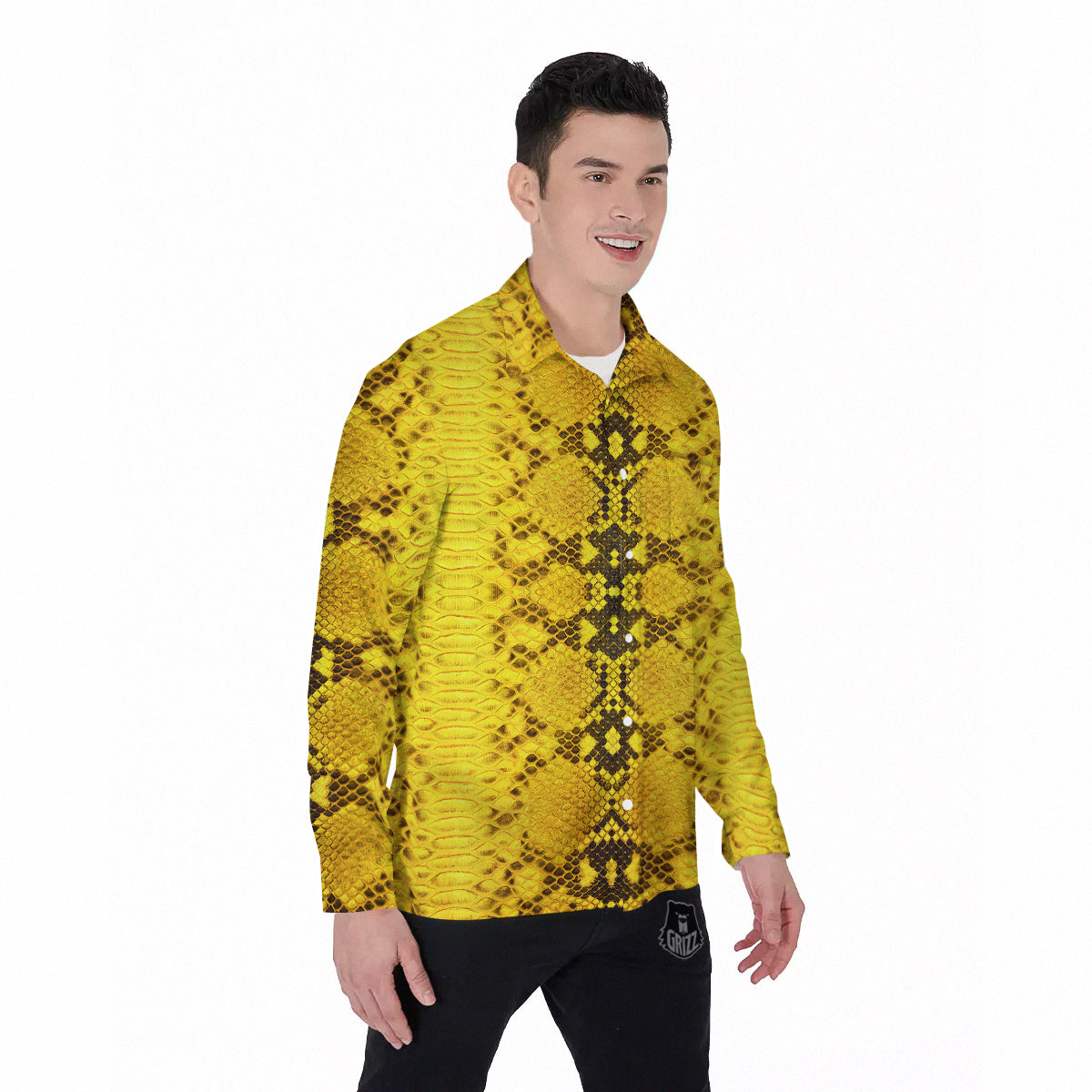 Snake Skin Yellow Print Men's Long Sleeve Shirts-grizzshop