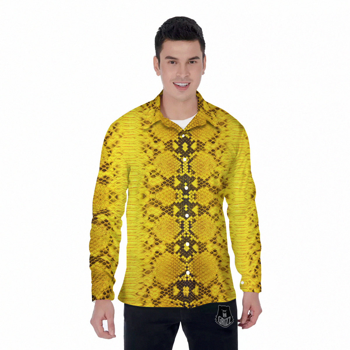 Snake Skin Yellow Print Men's Long Sleeve Shirts-grizzshop