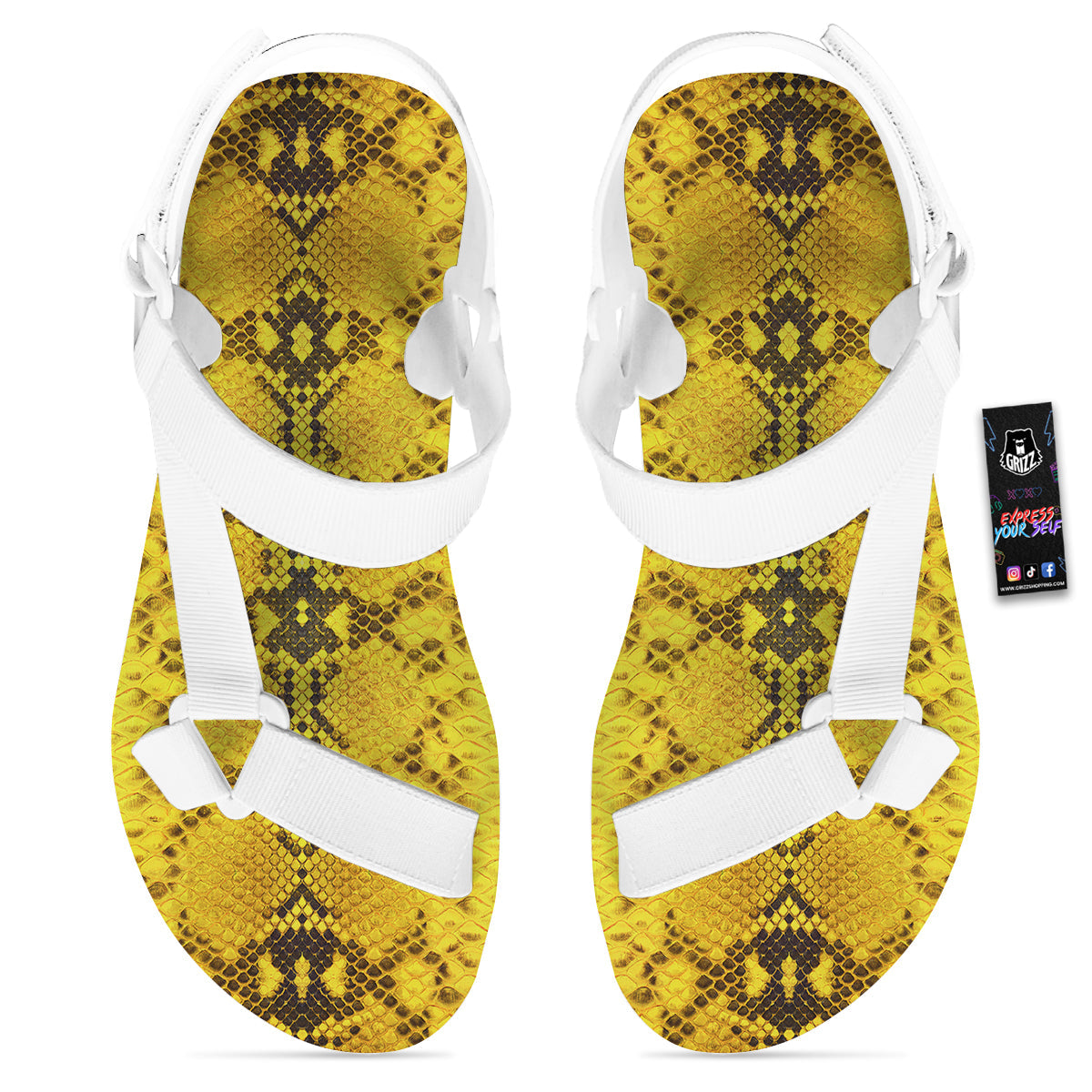 Snake Skin Yellow Print White Open Toe Sandals-grizzshop