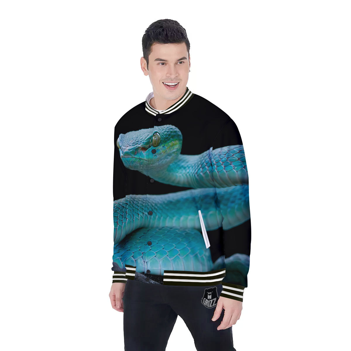 Snake Turquoise Print Baseball Jacket-grizzshop