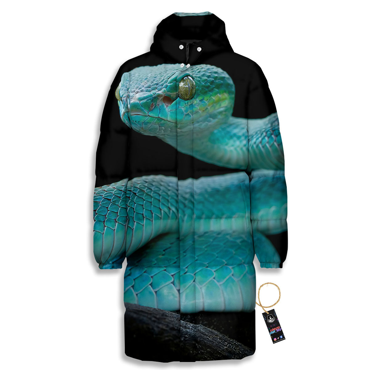 Snake Turquoise Print Long Down Jacket-grizzshop