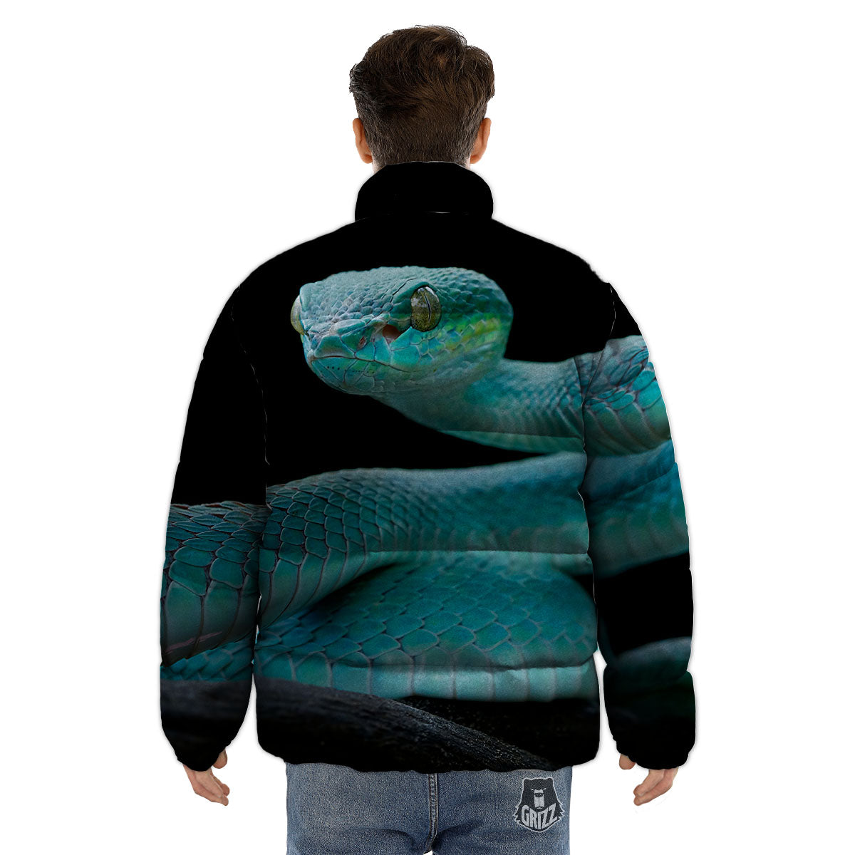 Snake Turquoise Print Puffer Jacket-grizzshop