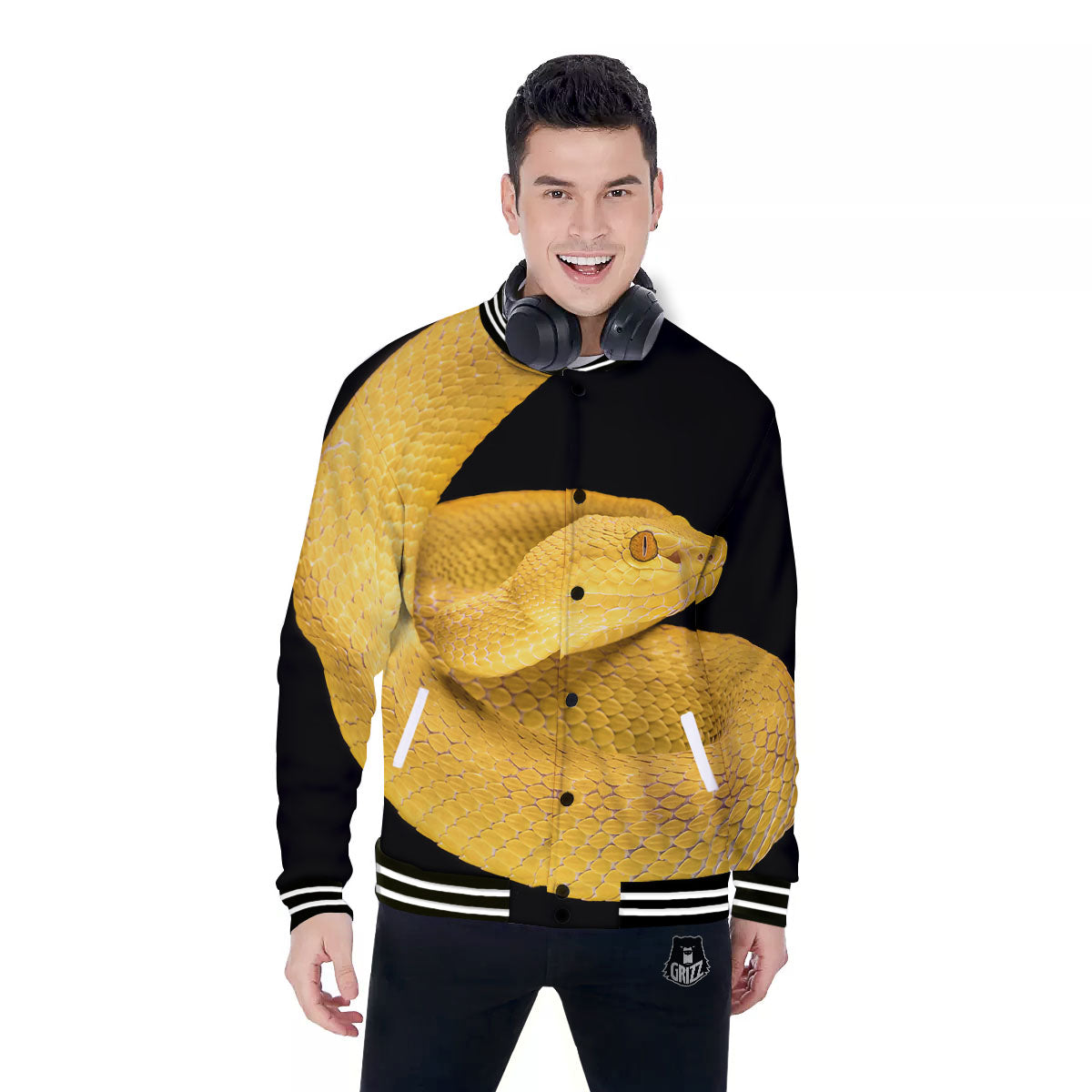 Snake Yellow Print Baseball Jacket-grizzshop