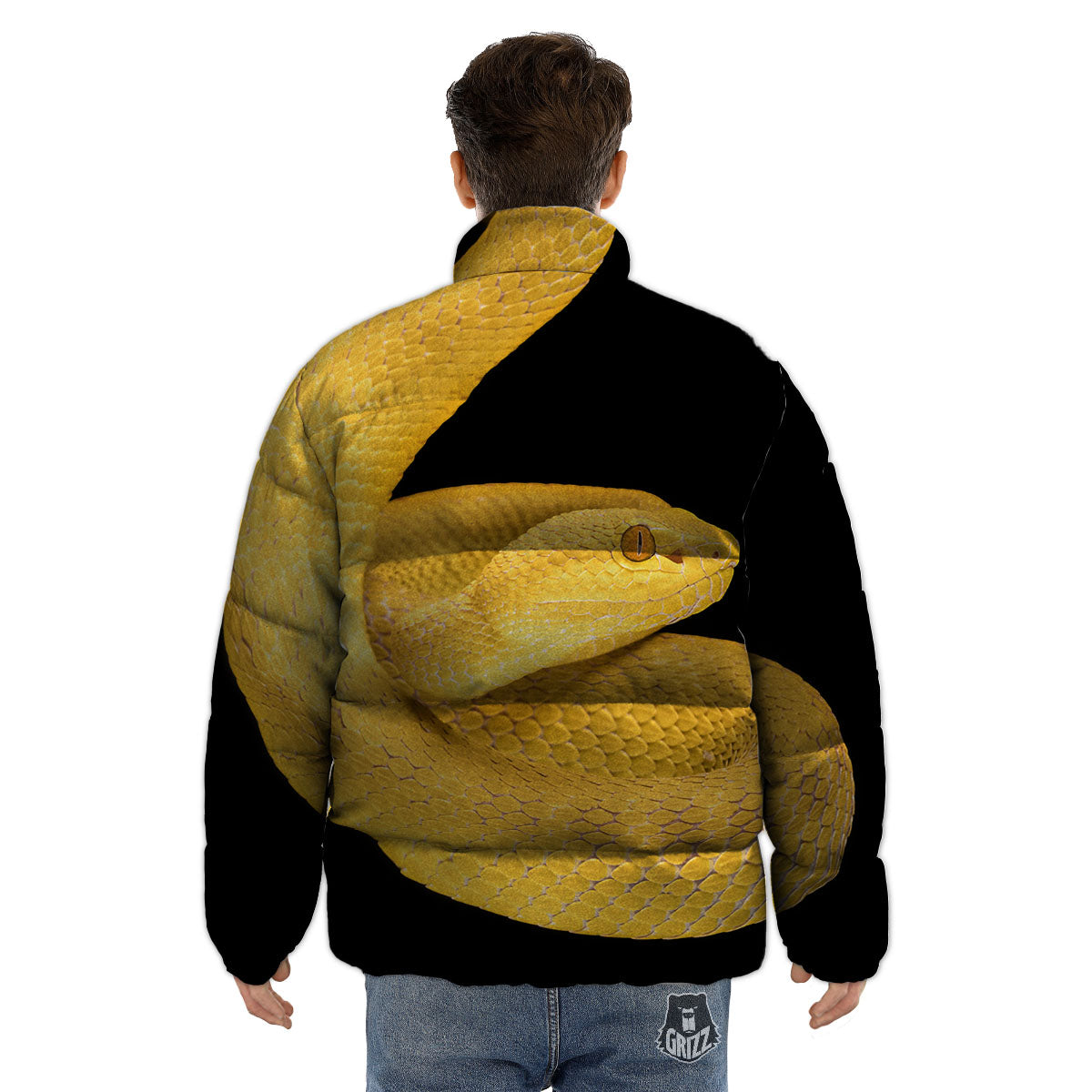 Snake Yellow Print Puffer Jacket-grizzshop