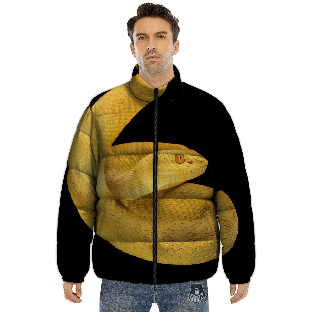 Snake Yellow Print Puffer Jacket-grizzshop