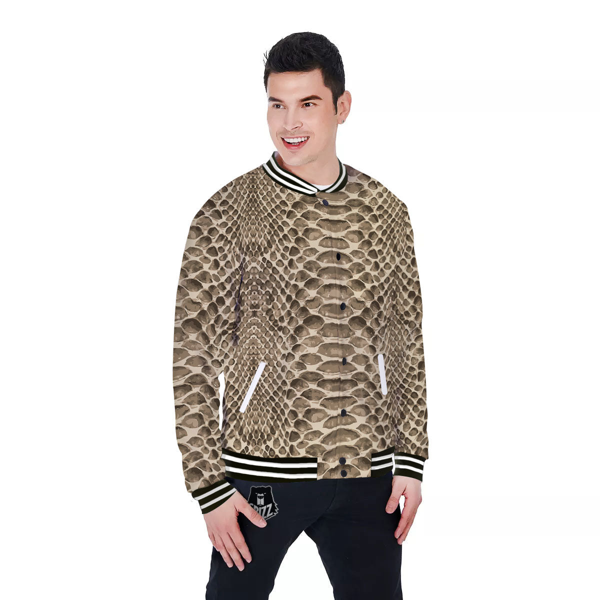 Snakeskin Beige Print Baseball Jacket-grizzshop