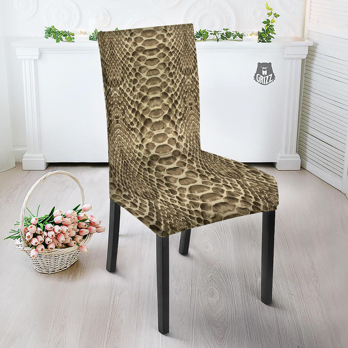 Snakeskin Beige Print Dining Chair Slipcover-grizzshop