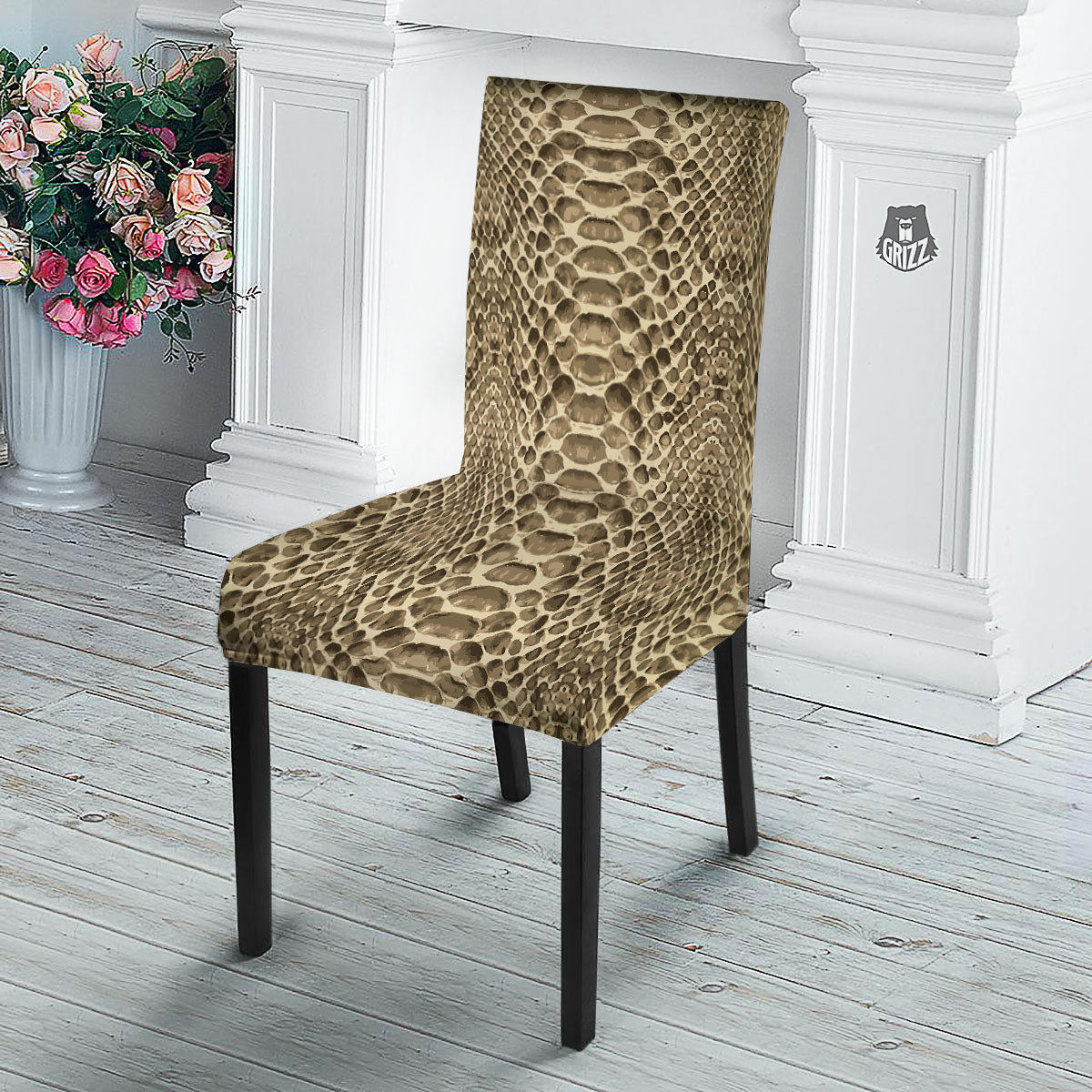 Snakeskin Beige Print Dining Chair Slipcover-grizzshop