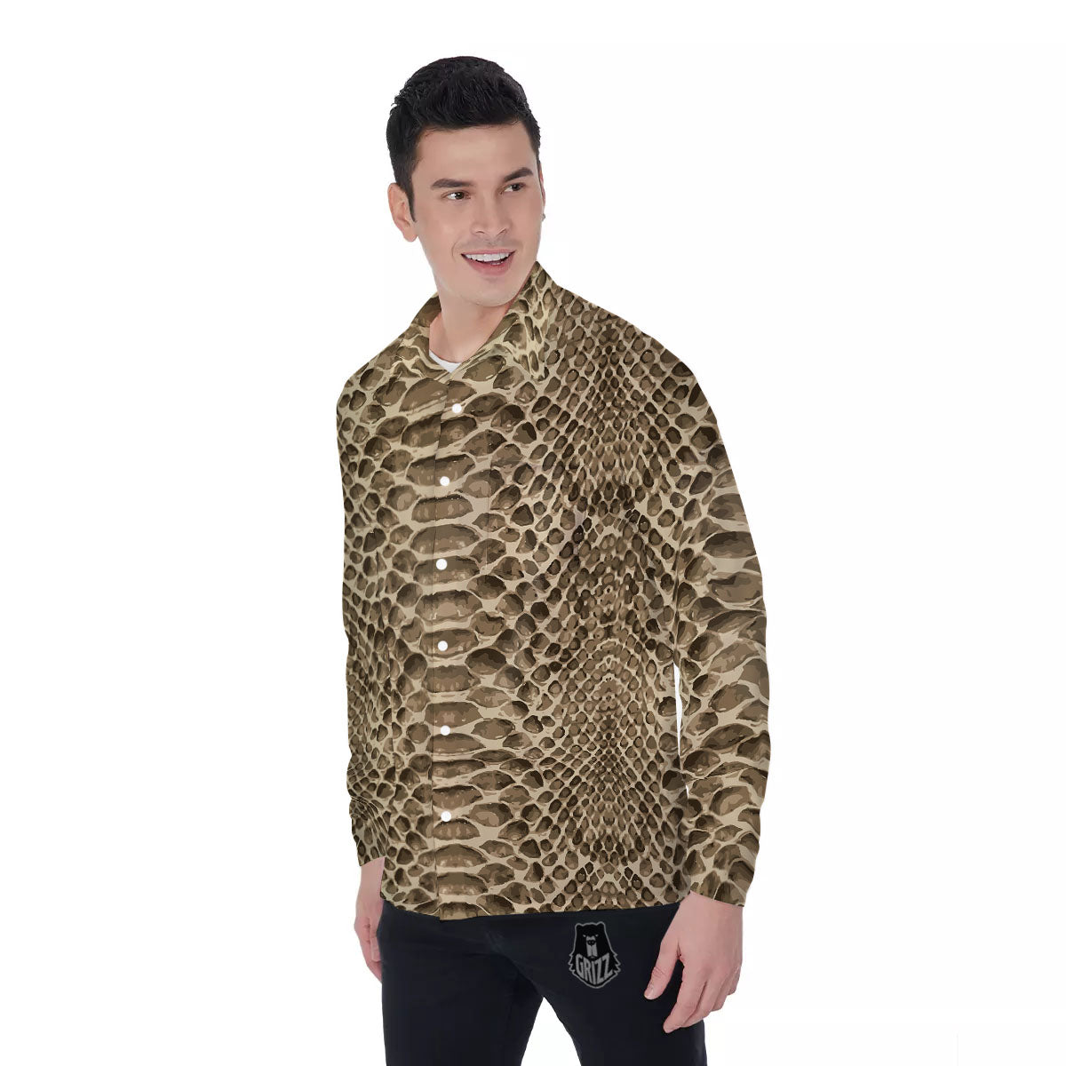 Snakeskin Beige Print Men's Long Sleeve Shirts-grizzshop