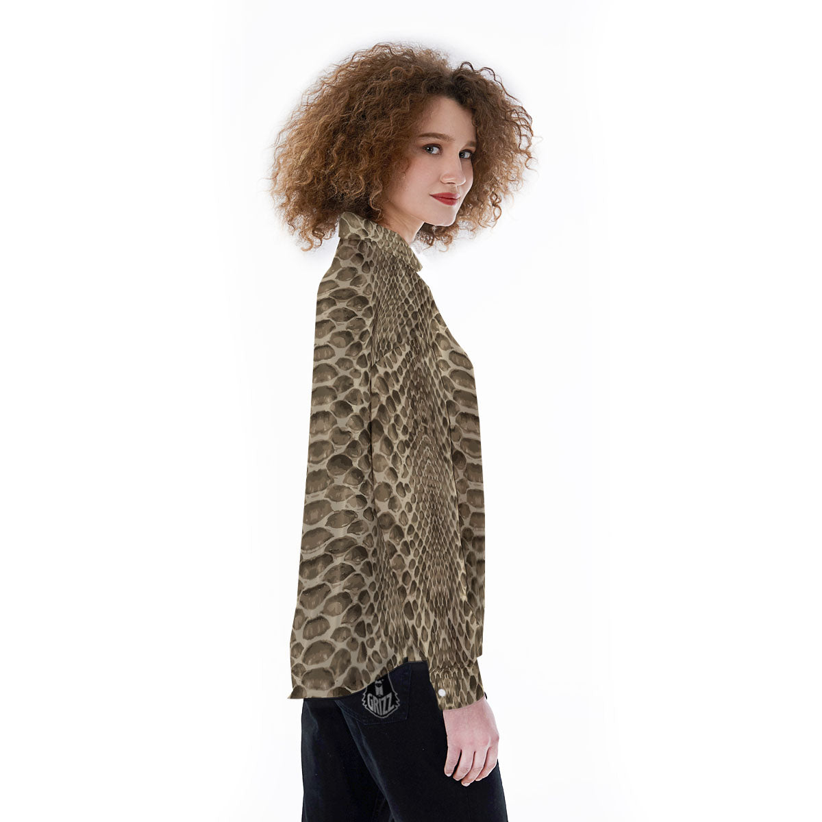 Snakeskin Beige Print Women's Long Sleeve Shirts-grizzshop