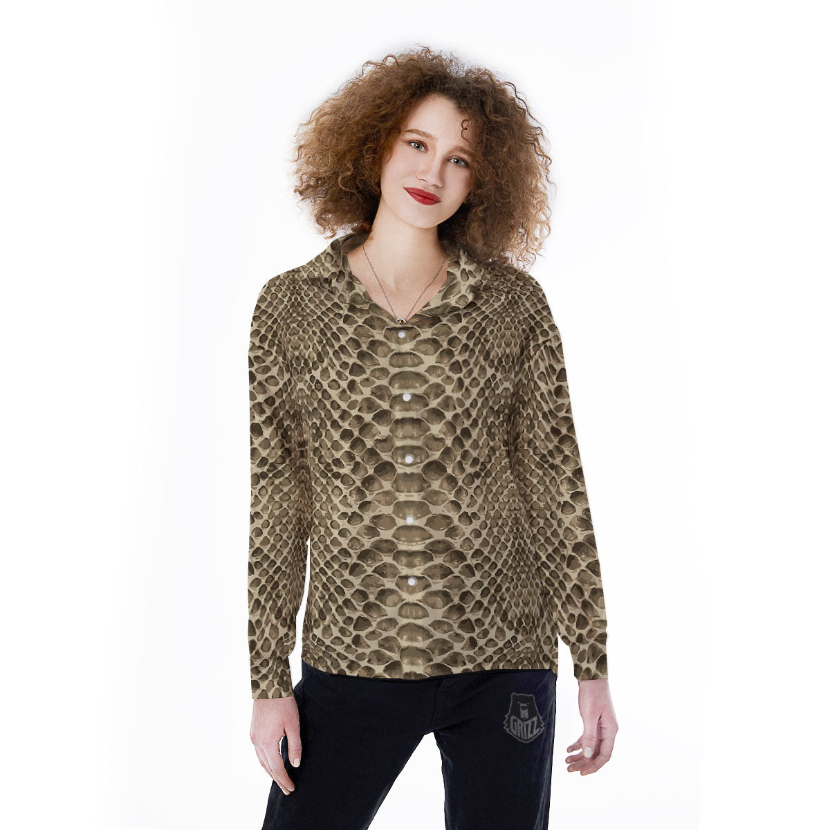 Snakeskin Beige Print Women's Long Sleeve Shirts-grizzshop