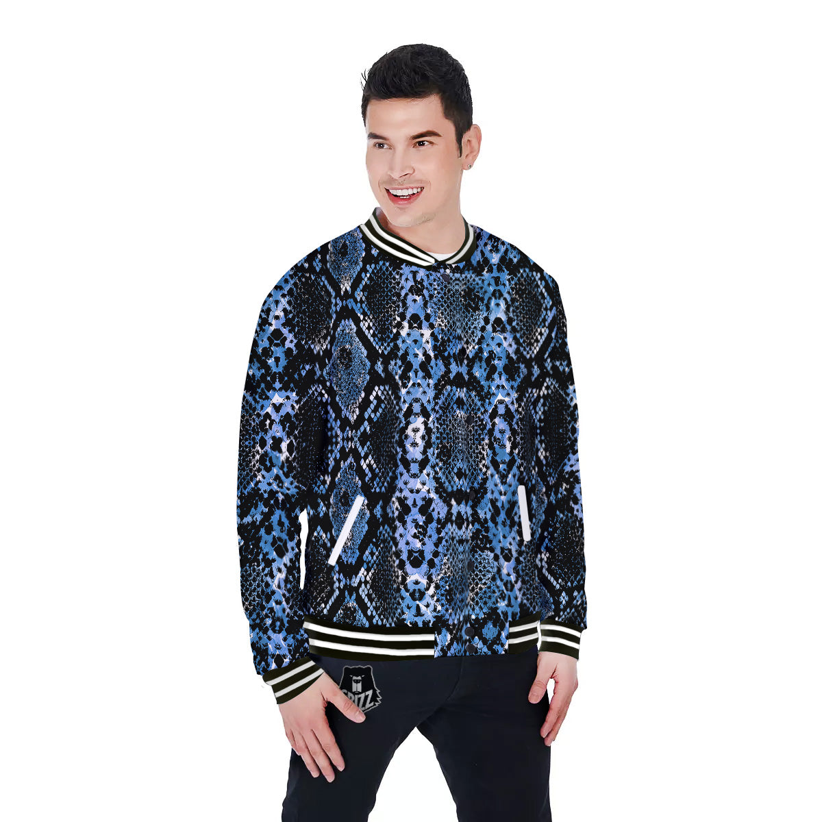 Snakeskin Black And Blue Print Baseball Jacket-grizzshop