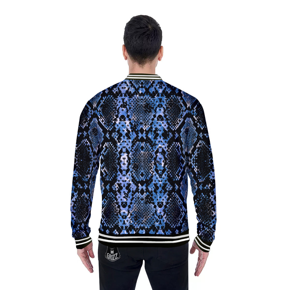 Snakeskin Black And Blue Print Baseball Jacket-grizzshop