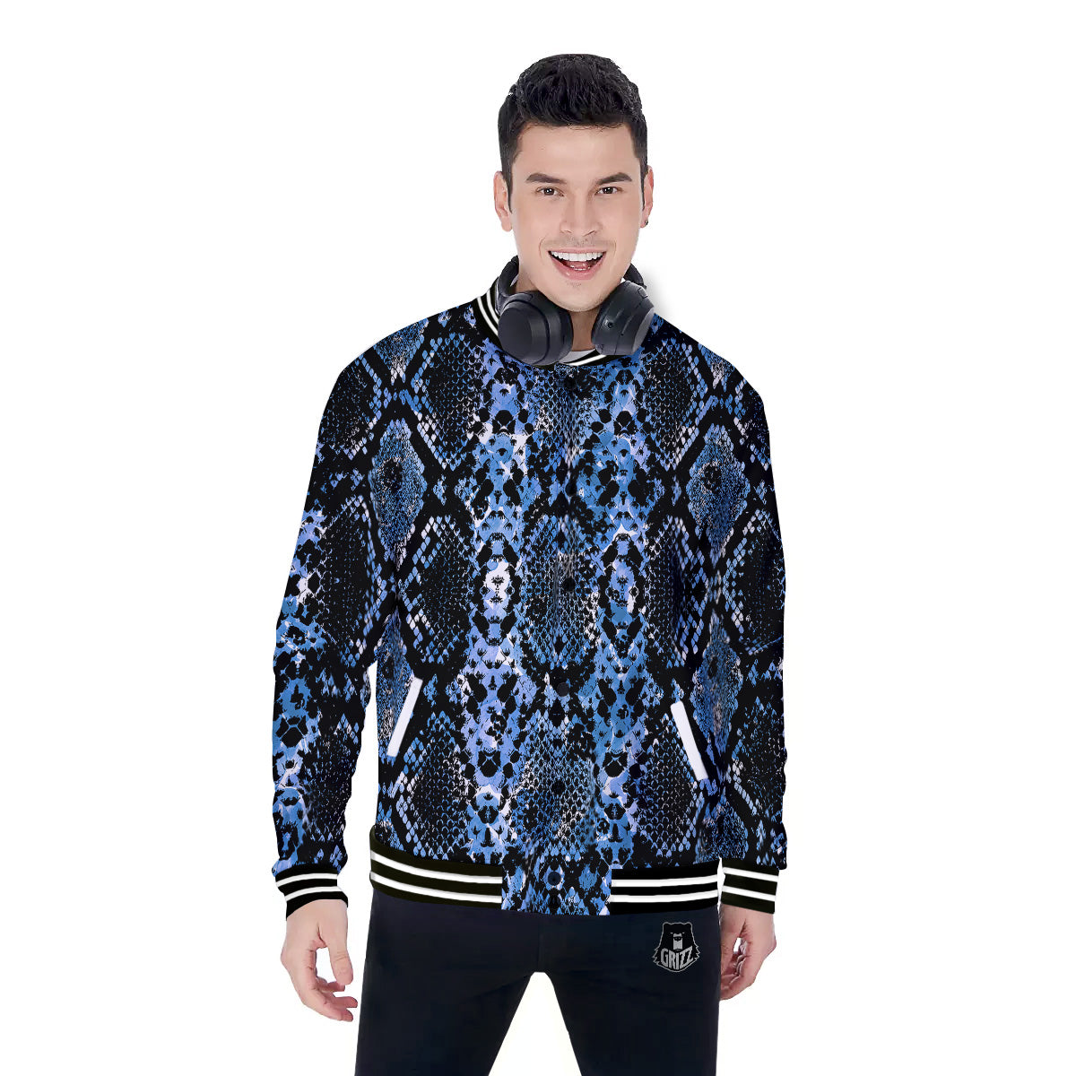 Snakeskin Black And Blue Print Baseball Jacket-grizzshop