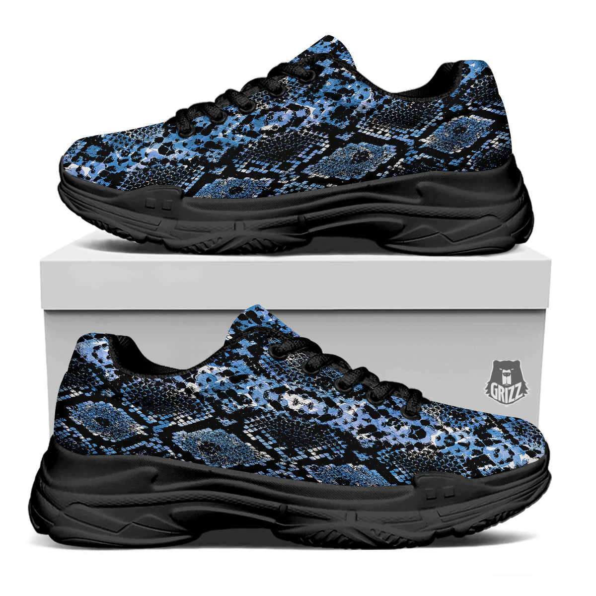 Snakeskin Black And Blue Print Black Chunky Shoes-grizzshop