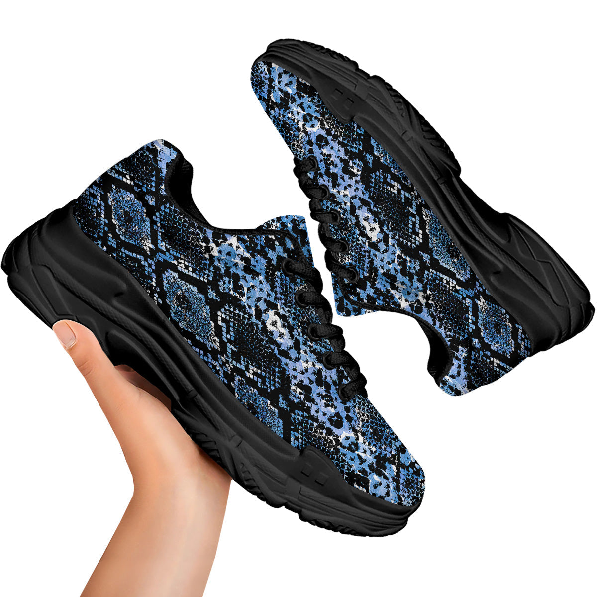 Snakeskin Black And Blue Print Black Chunky Shoes-grizzshop