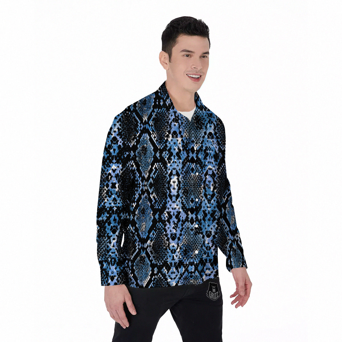 Snakeskin Black And Blue Print Men's Long Sleeve Shirts-grizzshop