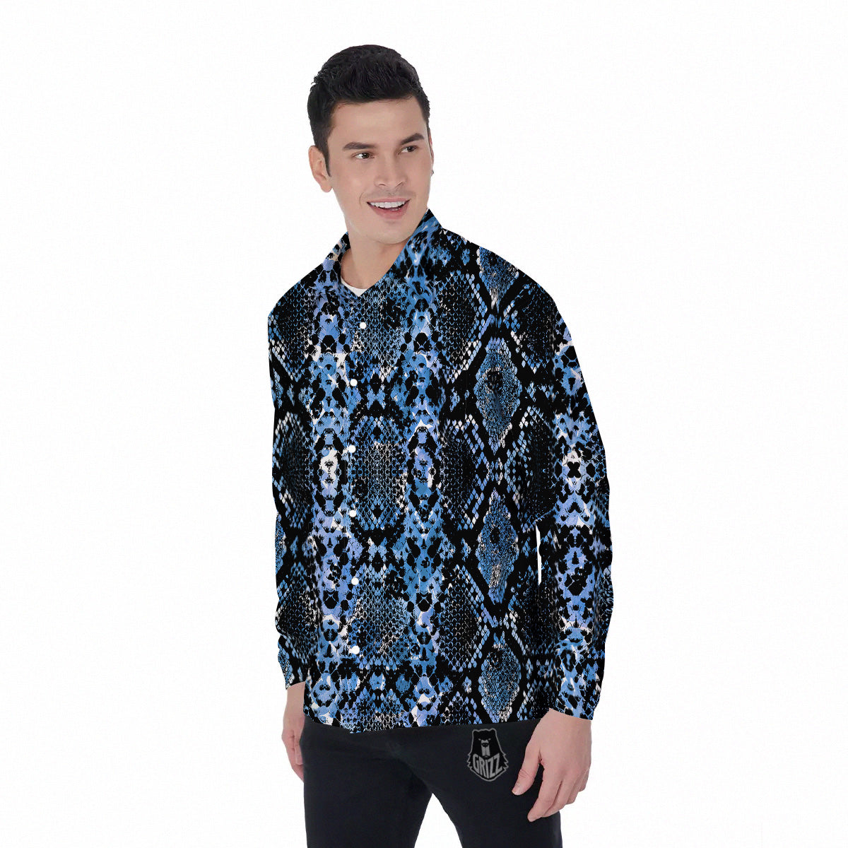 Snakeskin Black And Blue Print Men's Long Sleeve Shirts-grizzshop