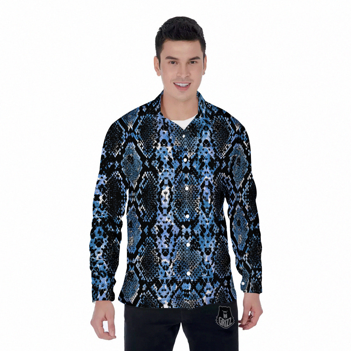 Snakeskin Black And Blue Print Men's Long Sleeve Shirts-grizzshop
