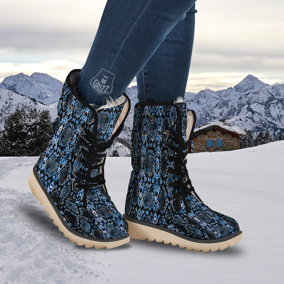 Snakeskin Black And Blue Print Snow Boots-grizzshop