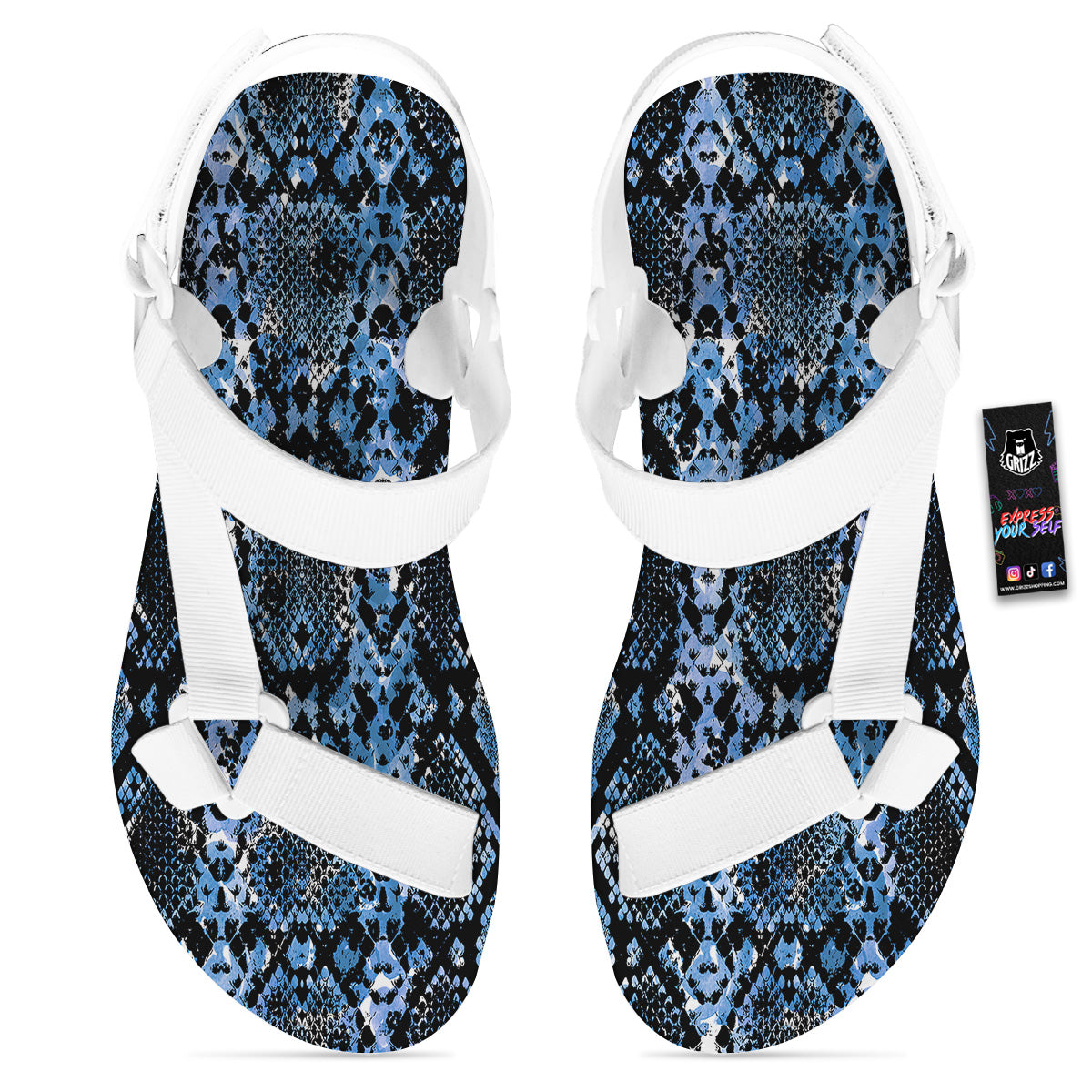 Snakeskin Black And Blue Print White Open Toe Sandals-grizzshop