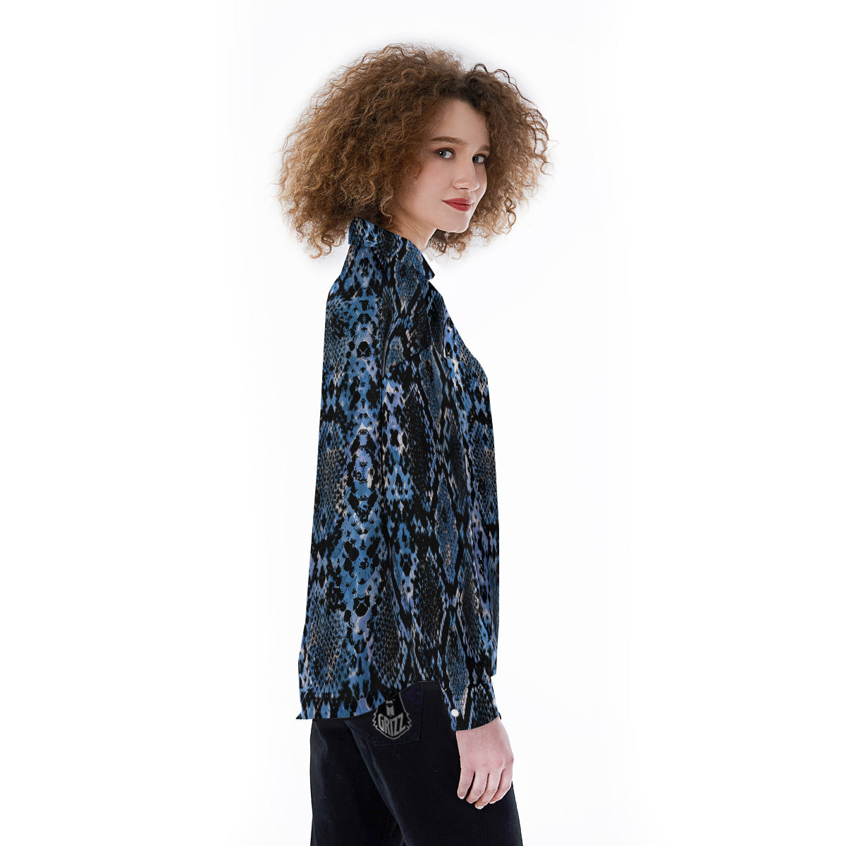Snakeskin Black And Blue Print Women's Long Sleeve Shirts-grizzshop