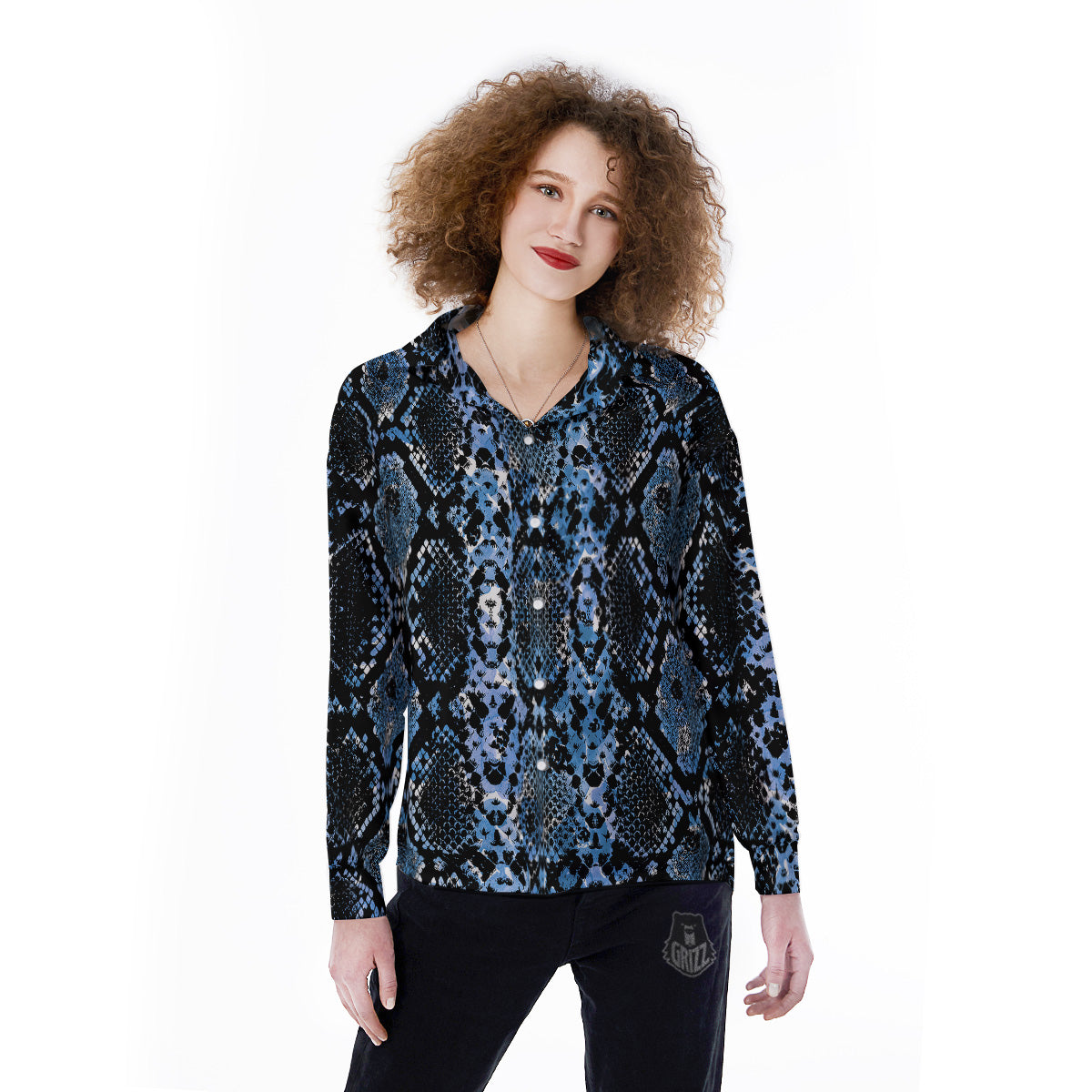 Snakeskin Black And Blue Print Women's Long Sleeve Shirts-grizzshop