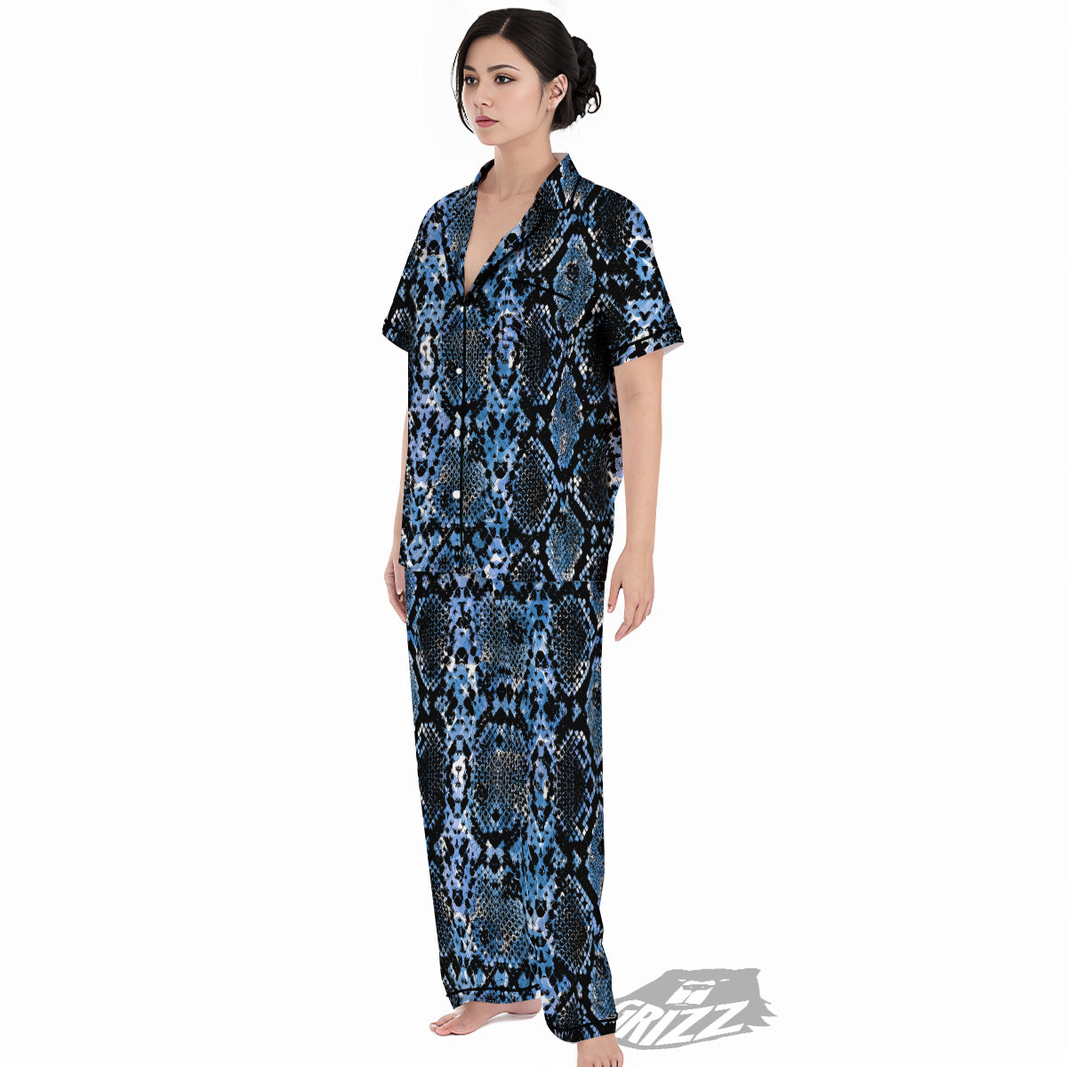 Snakeskin Black And Blue Print Women's Pajamas Set-grizzshop
