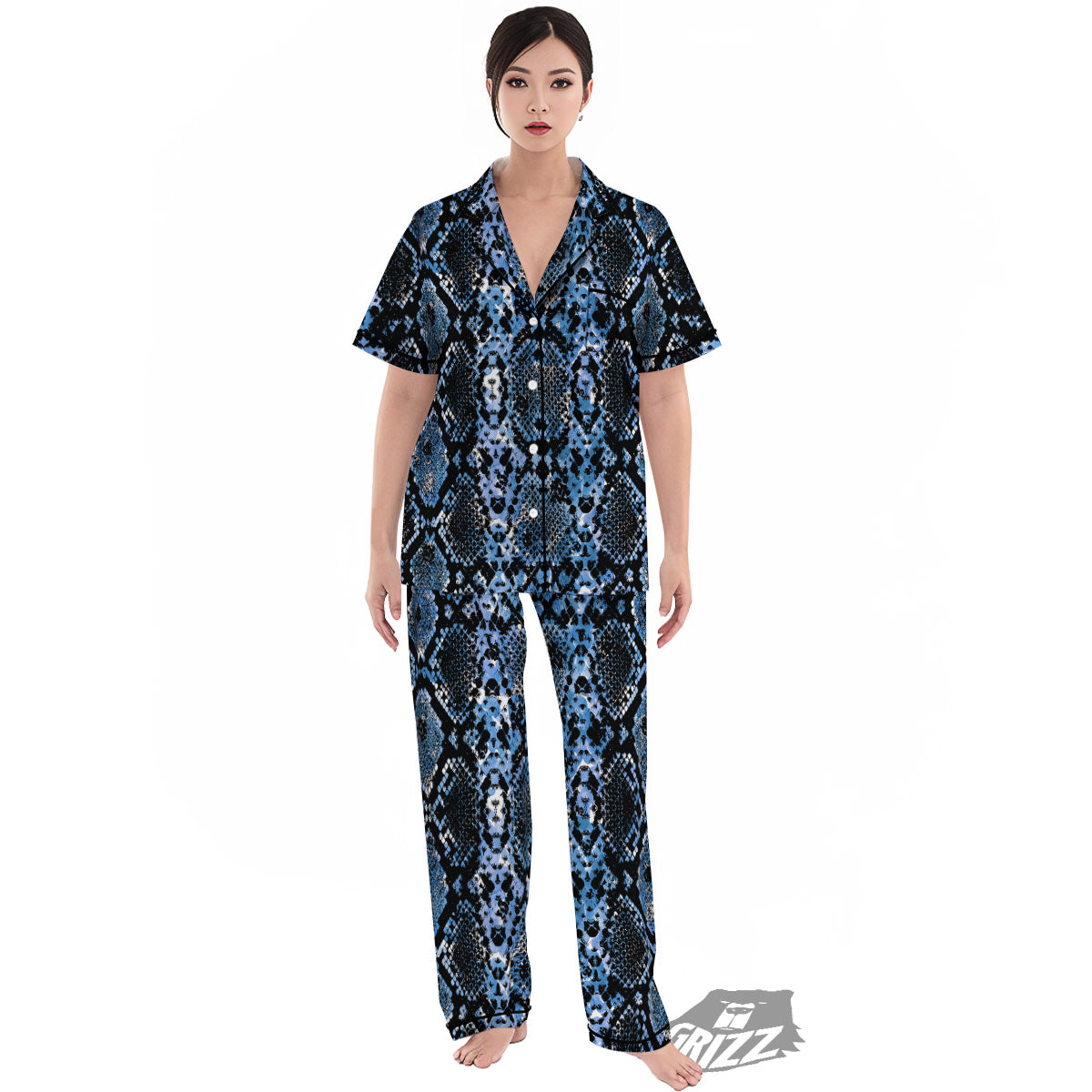 Snakeskin Black And Blue Print Women's Pajamas Set-grizzshop