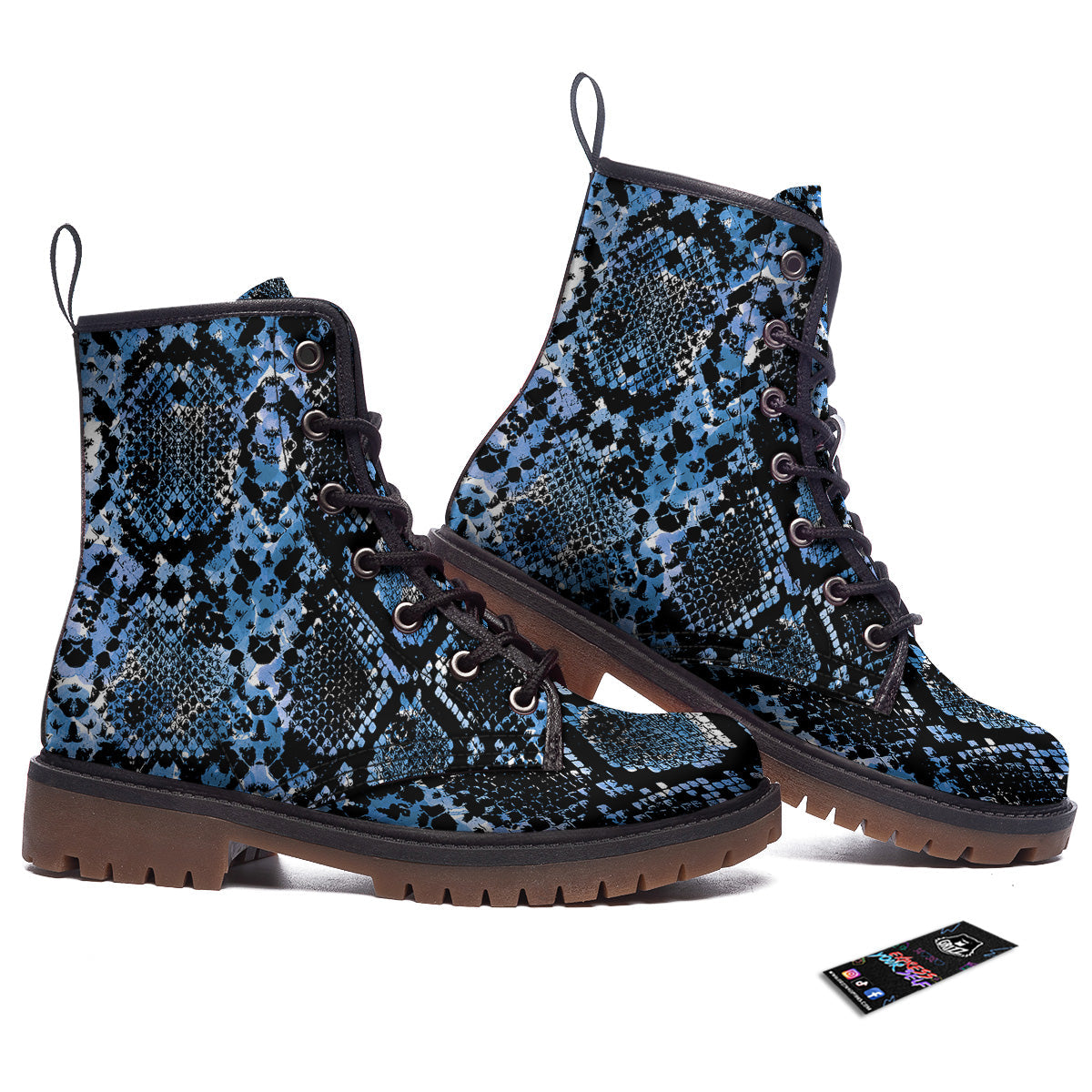 Snakeskin Black And Blue Print Work Boots-grizzshop