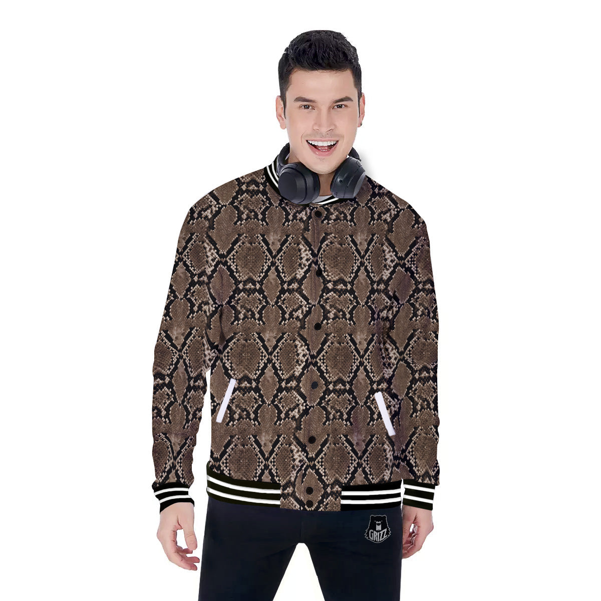 Snakeskin Black And Brown Print Baseball Jacket-grizzshop