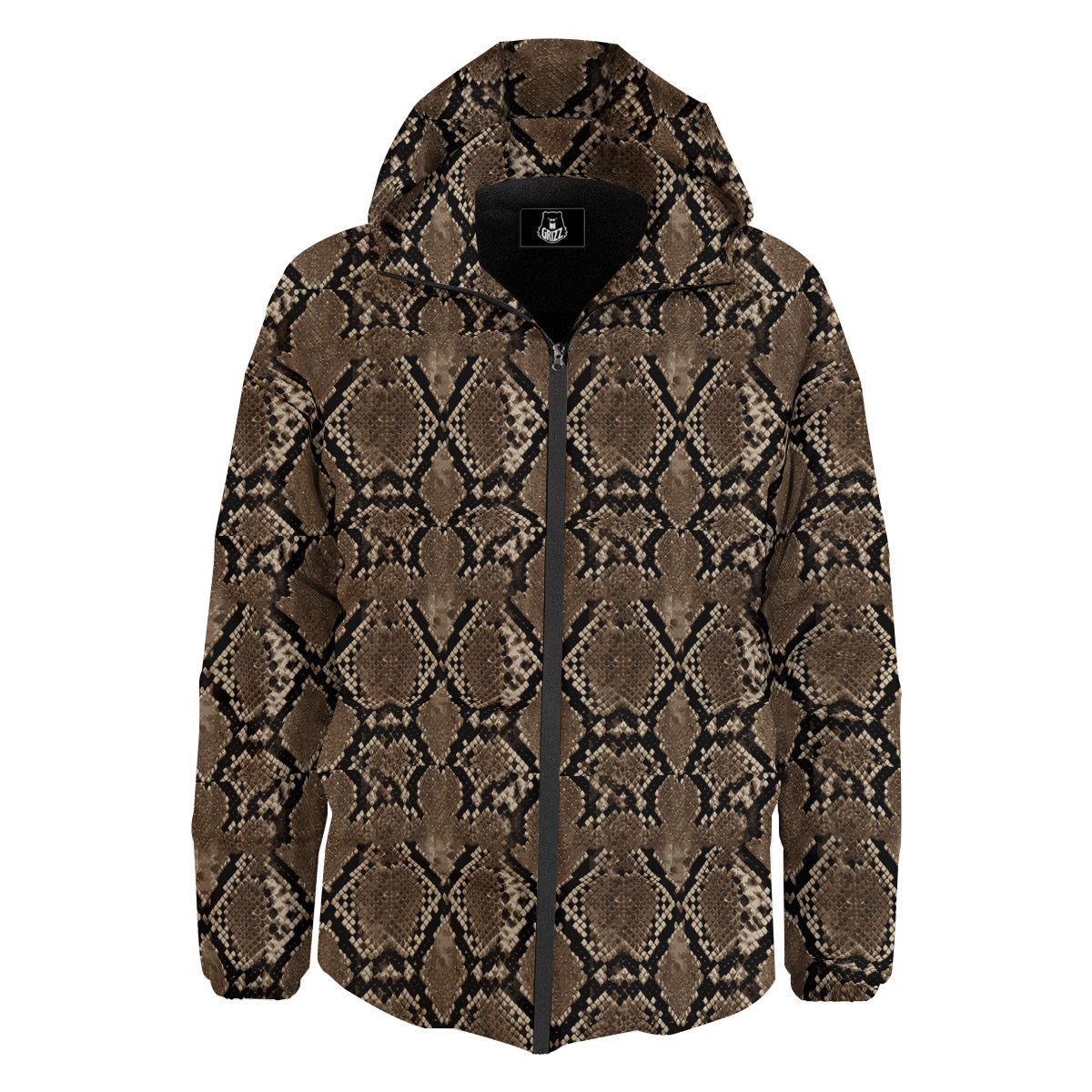 Snakeskin Black And Brown Print Down Jacket-grizzshop