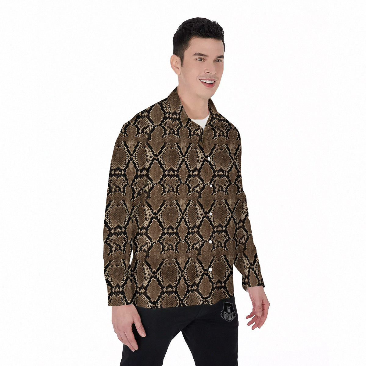 Snakeskin Black And Brown Print Men's Long Sleeve Shirts-grizzshop
