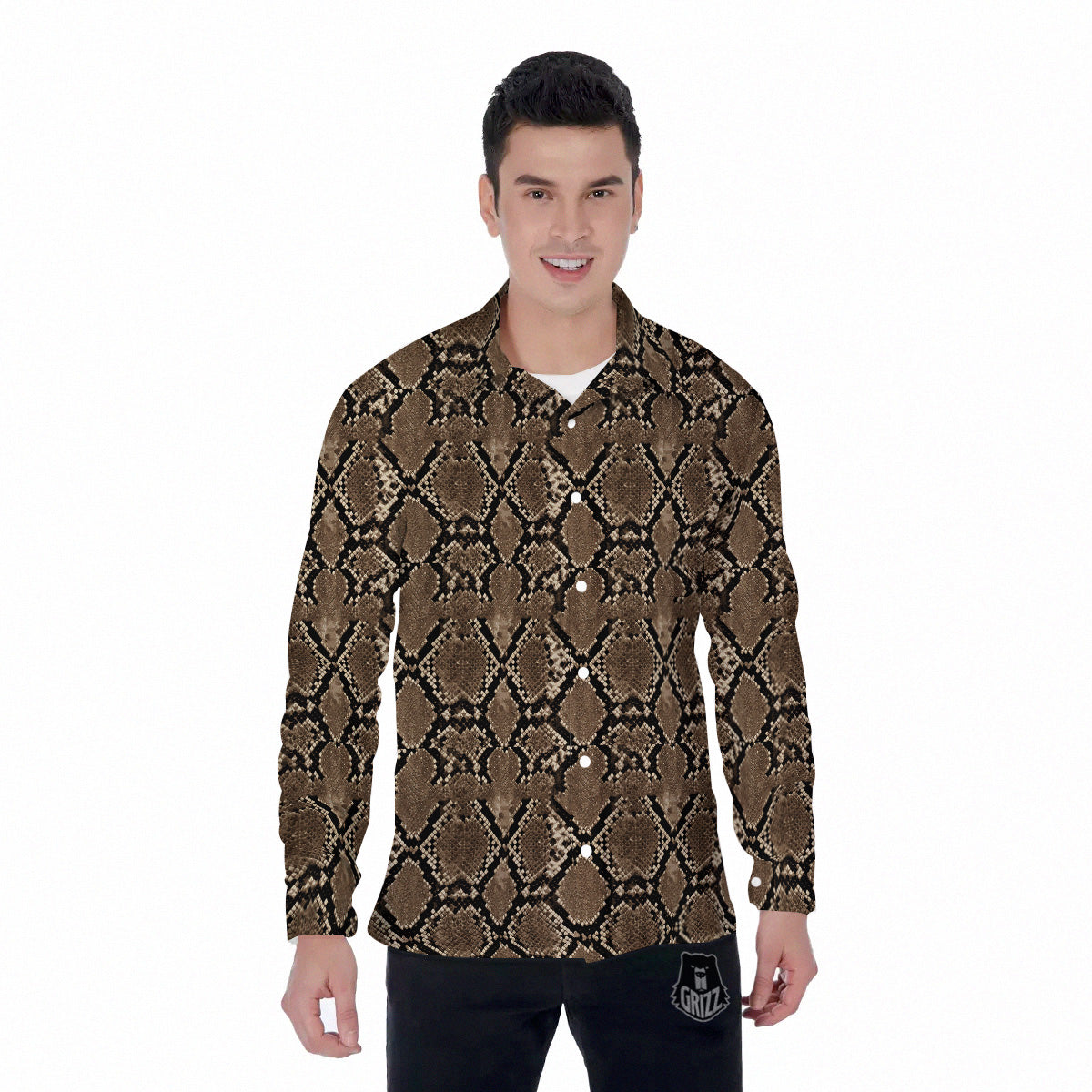 Snakeskin Black And Brown Print Men's Long Sleeve Shirts-grizzshop